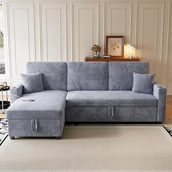 Sleeper Sectional Sofa, 84" Convertible Sofa Bed with Pull Out Couches, Small Desktop, L Shaped Couch with Reversible Chaise, Cup Holders, USB, Modern Corduroy Sofas for Living Room Apartment, Grey