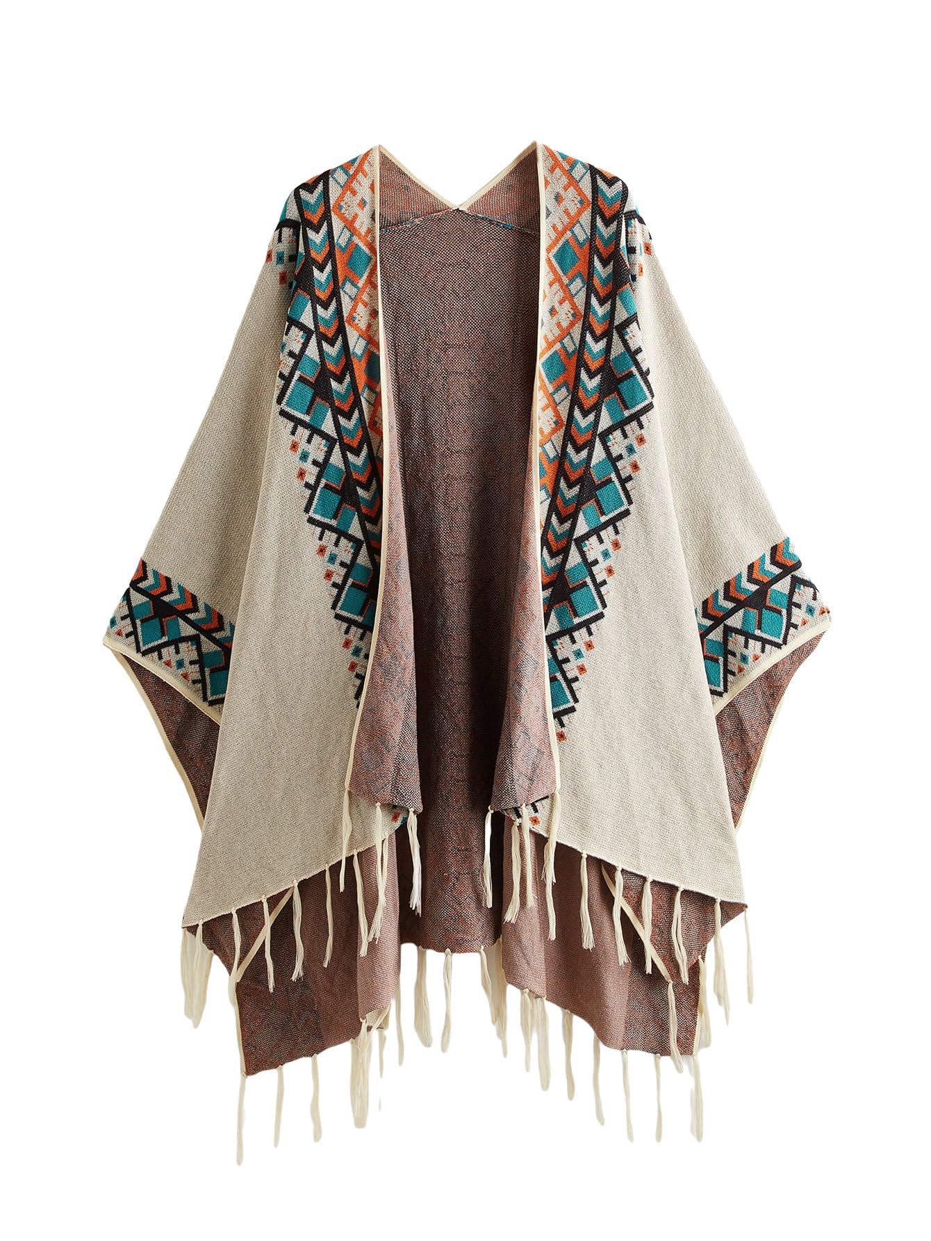 Womens Graphic Fringe Shawl Tassel Ponchos Cape Boho Oversized Western Cardigan Sweater