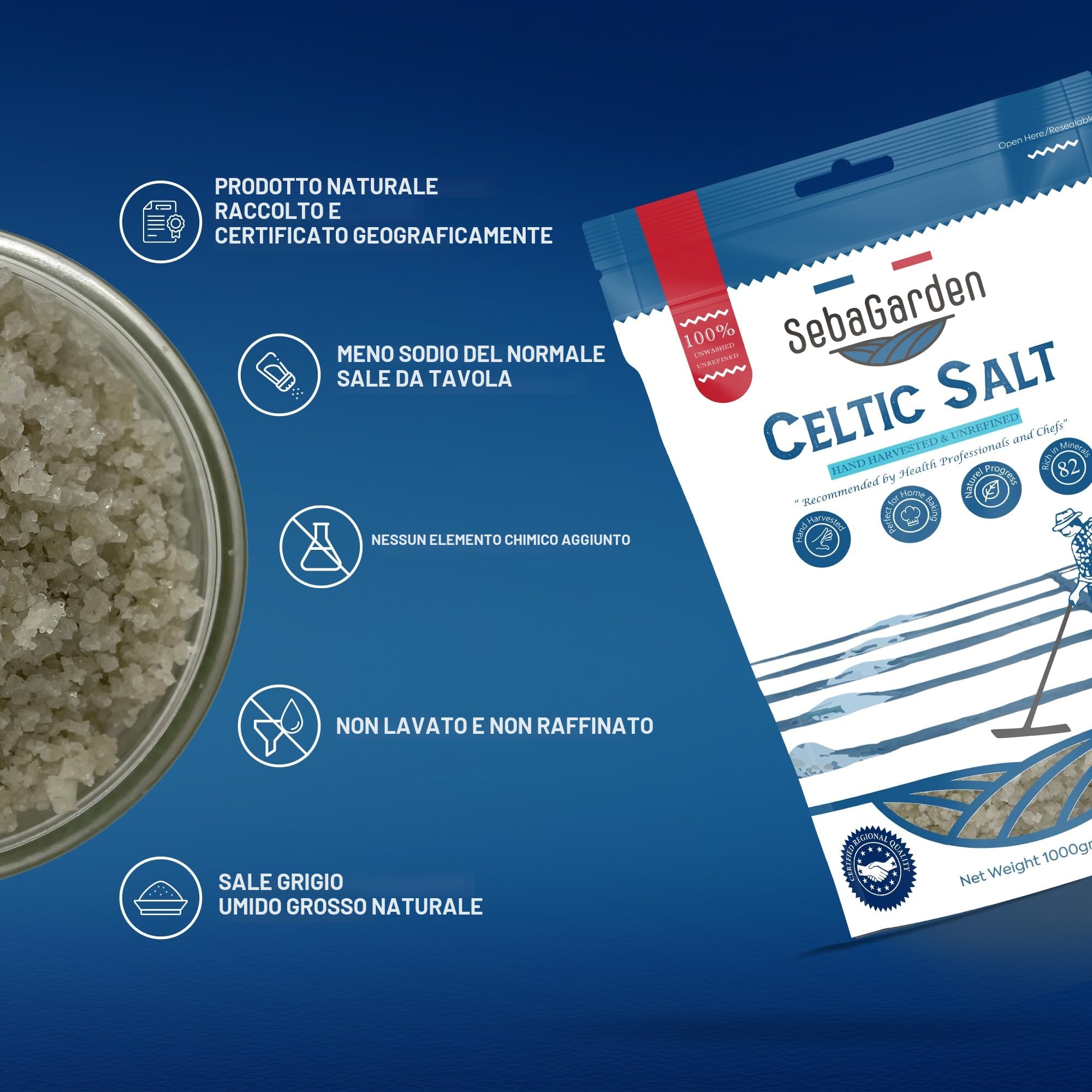 Seba Garden Celtic Sea Salt Grey, Confezione richiudibile di sale marino grigio biologico certificato da 1 kg, raccolto a mano, contenente oltre 82 minerali essenziali
