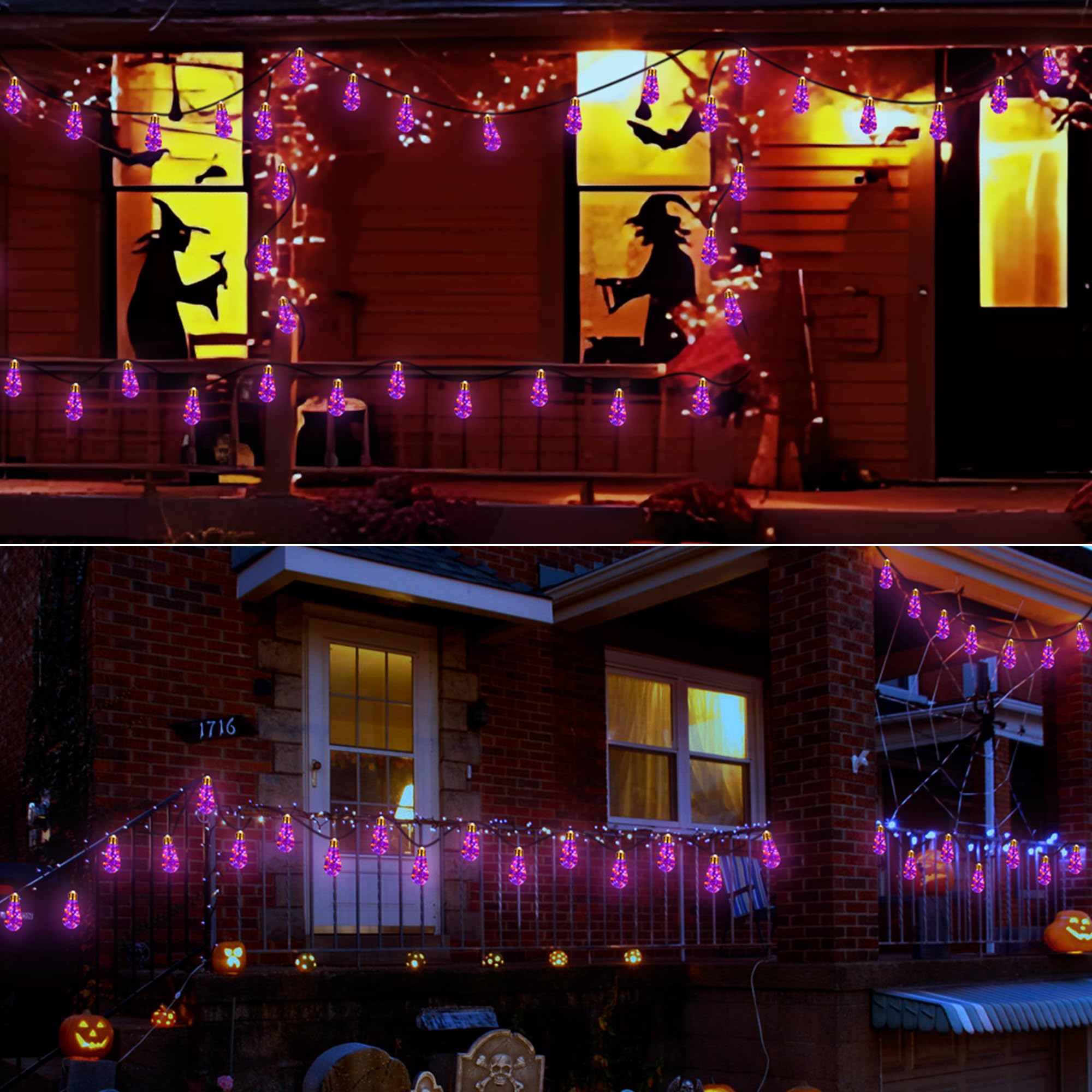 Geemoo Halloween Decorazioni Esterno, 8M 160LED Luci Stringa Solare con 16 Lampadine,Arancia Viola Catena Luminosa con Impermeabile, 8 Modalità, per Halloween Giardino Balcone Patio Festa Interno