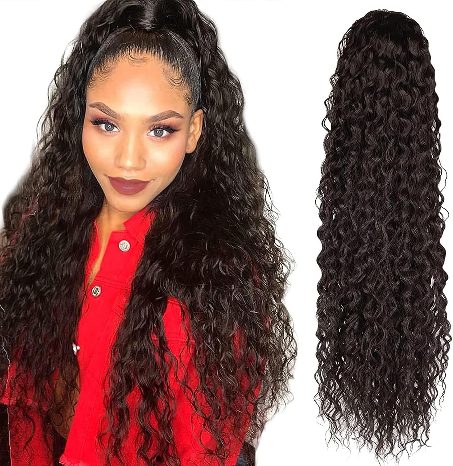 Azonee Long Curly Wavy Ponytail, Extension Synthetic Kinky Curly Ponytail Clip in Drawstring Ponytail Extensions for Women Natural Ponytail Drawstring Hair Hairpieces