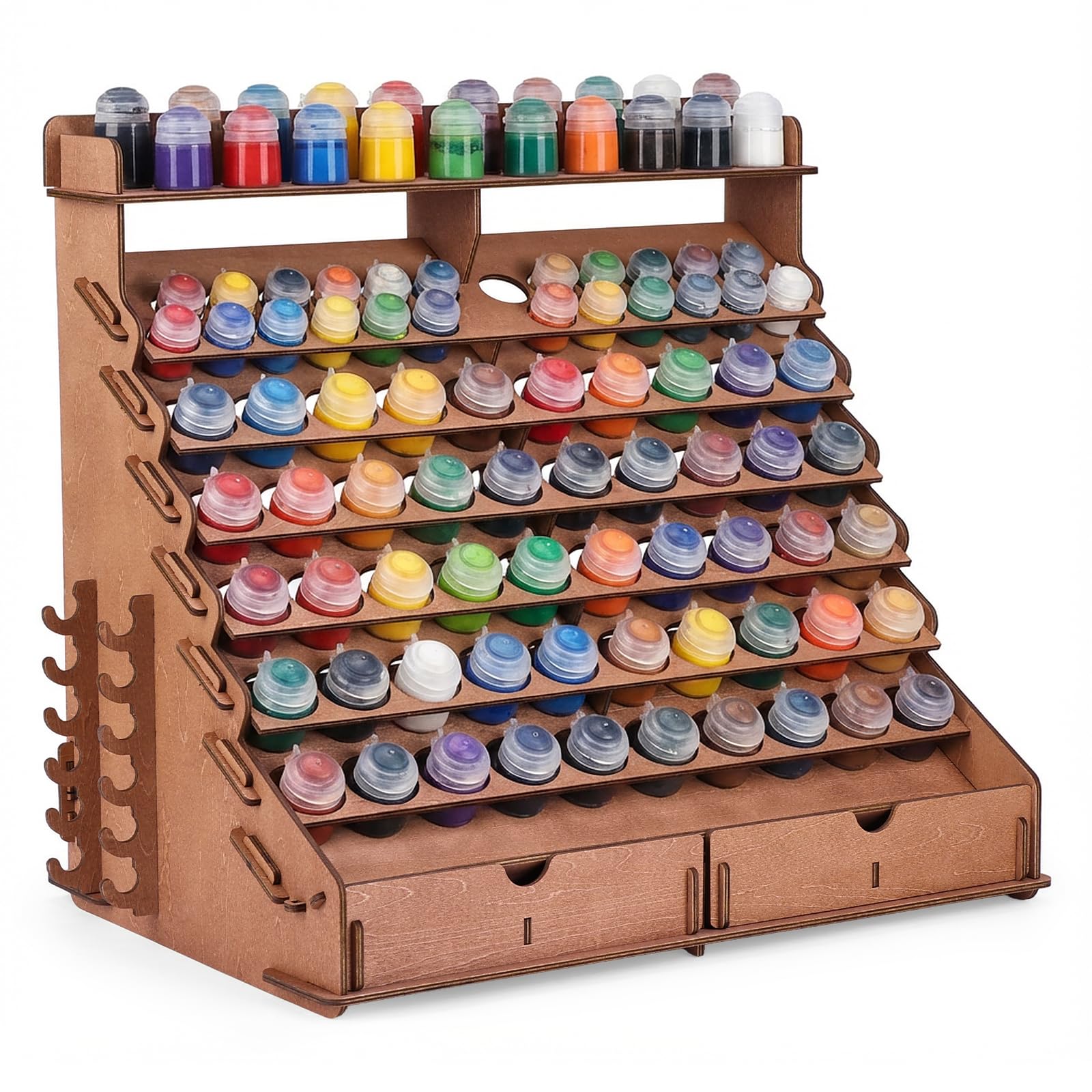 HOMIEE Farbständer Farben-Organizer aus Holz mit 74 Flaschen mit 16 Pinselhalterungen 2 Mini-Ständer und 2 Schubladen - Geeignet für Vallejo-, Citadel- und Tamiya-Farbflaschen