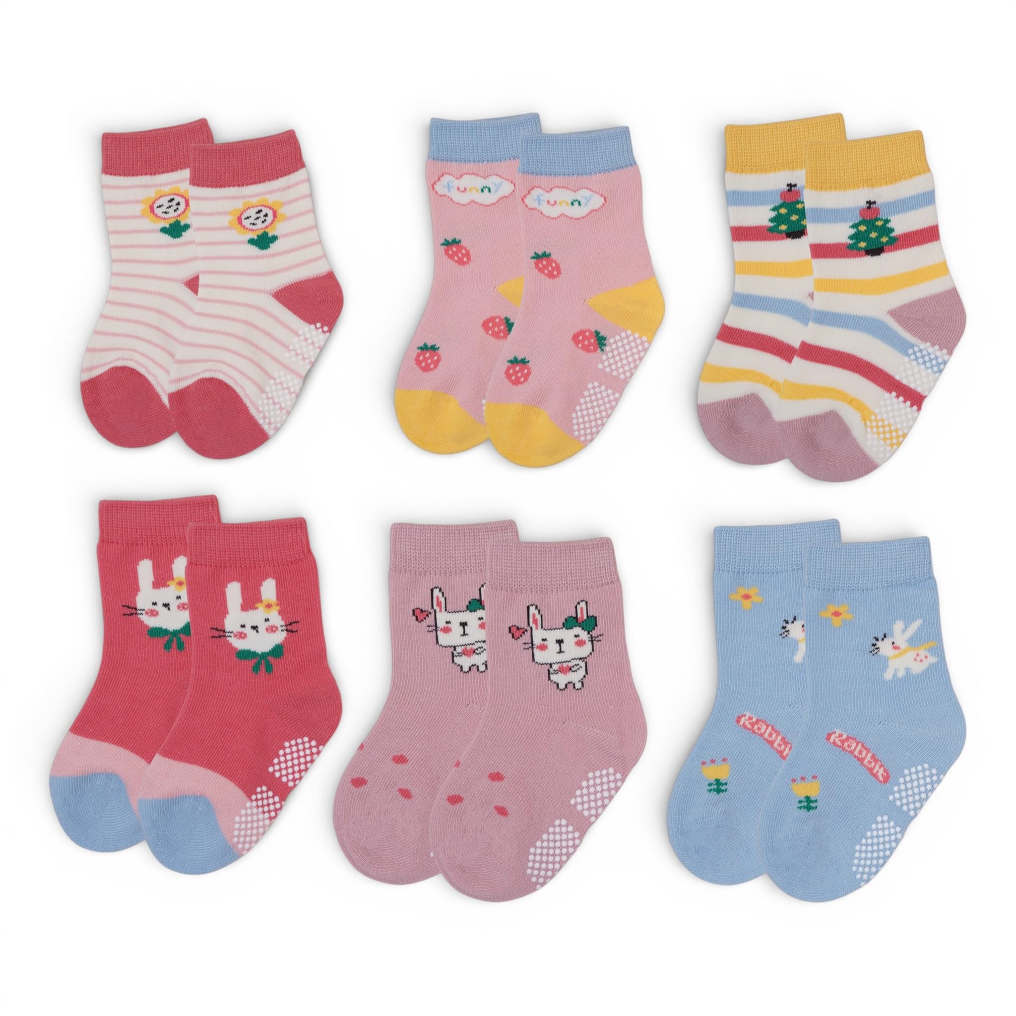 Baby Socks for Girls 1-2 Years 2-3 Years | Anti Skid Socks for Kids with Rubber Grip | Cotton Rich Soft Toddler Socks Girls | Anti Slip Non Skid Grip Socks | Cute Designs | Pack of 6