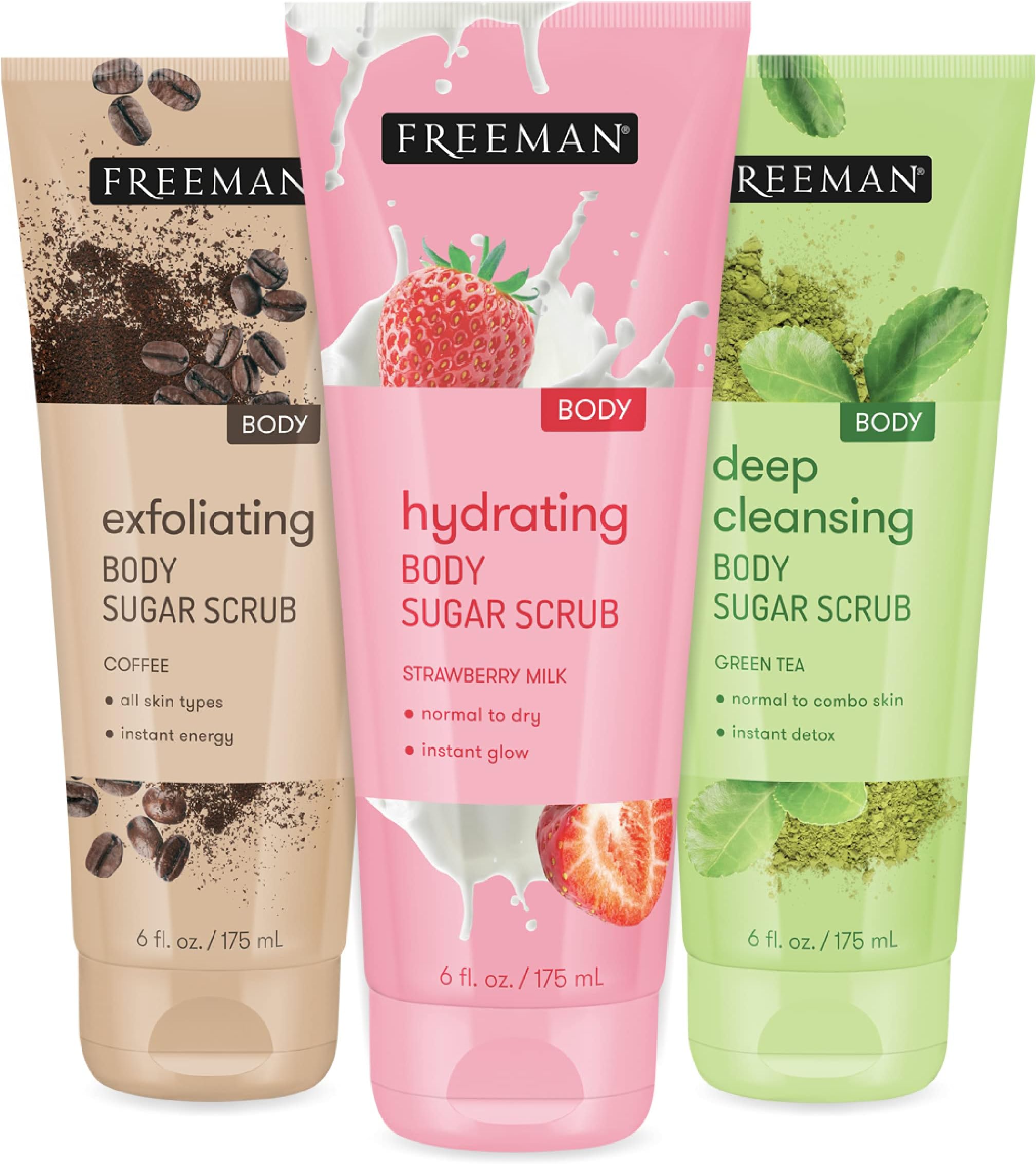 Freeman Sugar Body Scrub Set, Strawberry Milk, Green Tea, and Coffee Body Scrubs, Hydrating, Exfoliating, & Deep-Cleansing Skincare, Removes, Dirt, Oil, & Impurities, Self-Tan Prep, 3 Count