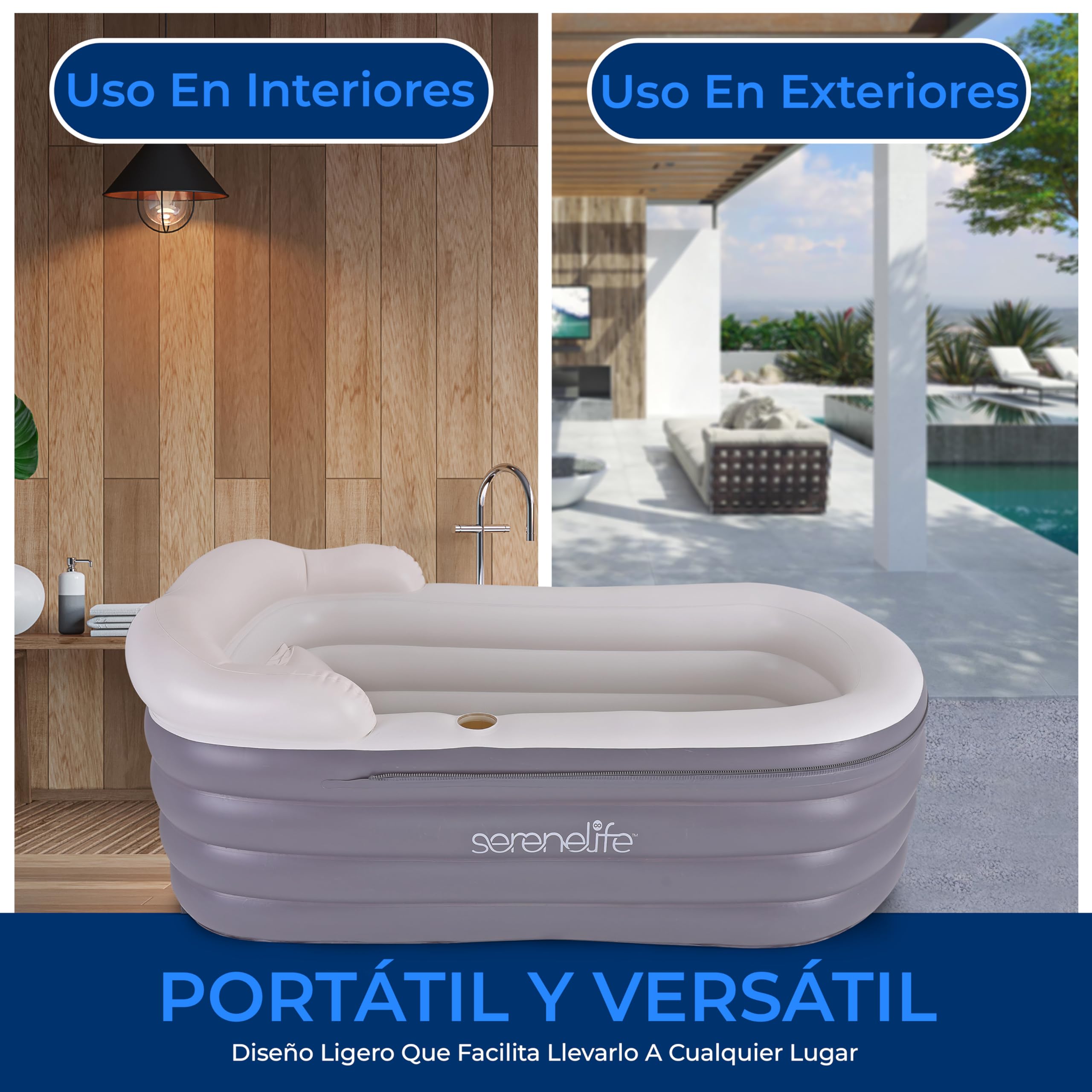 SereneLife bañera hinchable adulto, Con respaldo y reposabrazos, Inflable, Con hidromasaje y colchoneta de burbujas, Incluye cojin, Portavasos y mando para luces LED