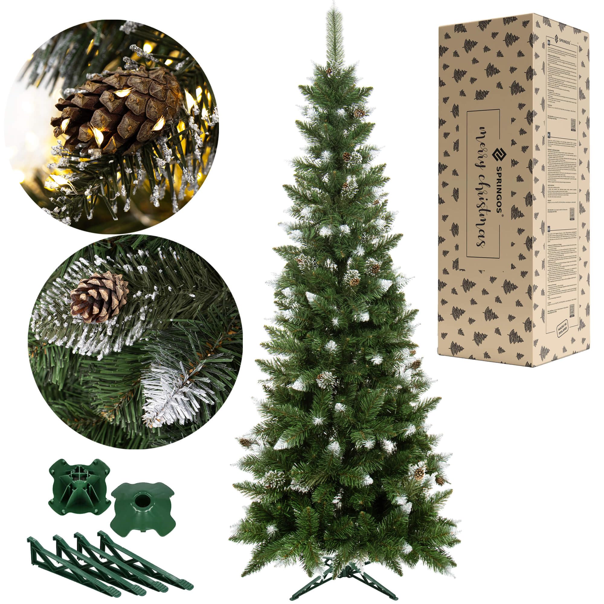 SPRINGOS Arbre de Noël Artificiel pin Diamant Slim Neige Artificielle et cônes 250 cm