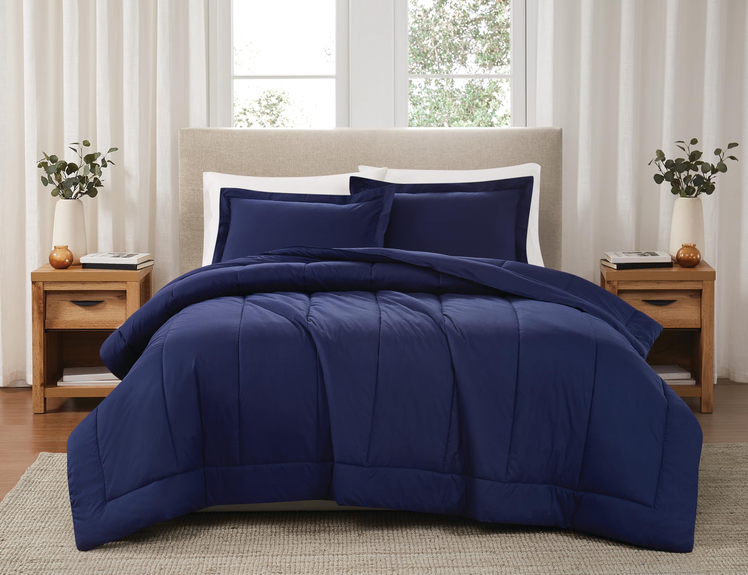 brooklyn loom solid cotton percale navy twin/twin xl 2 piece comforter set, solid color themed, oeko-tex certified confidence