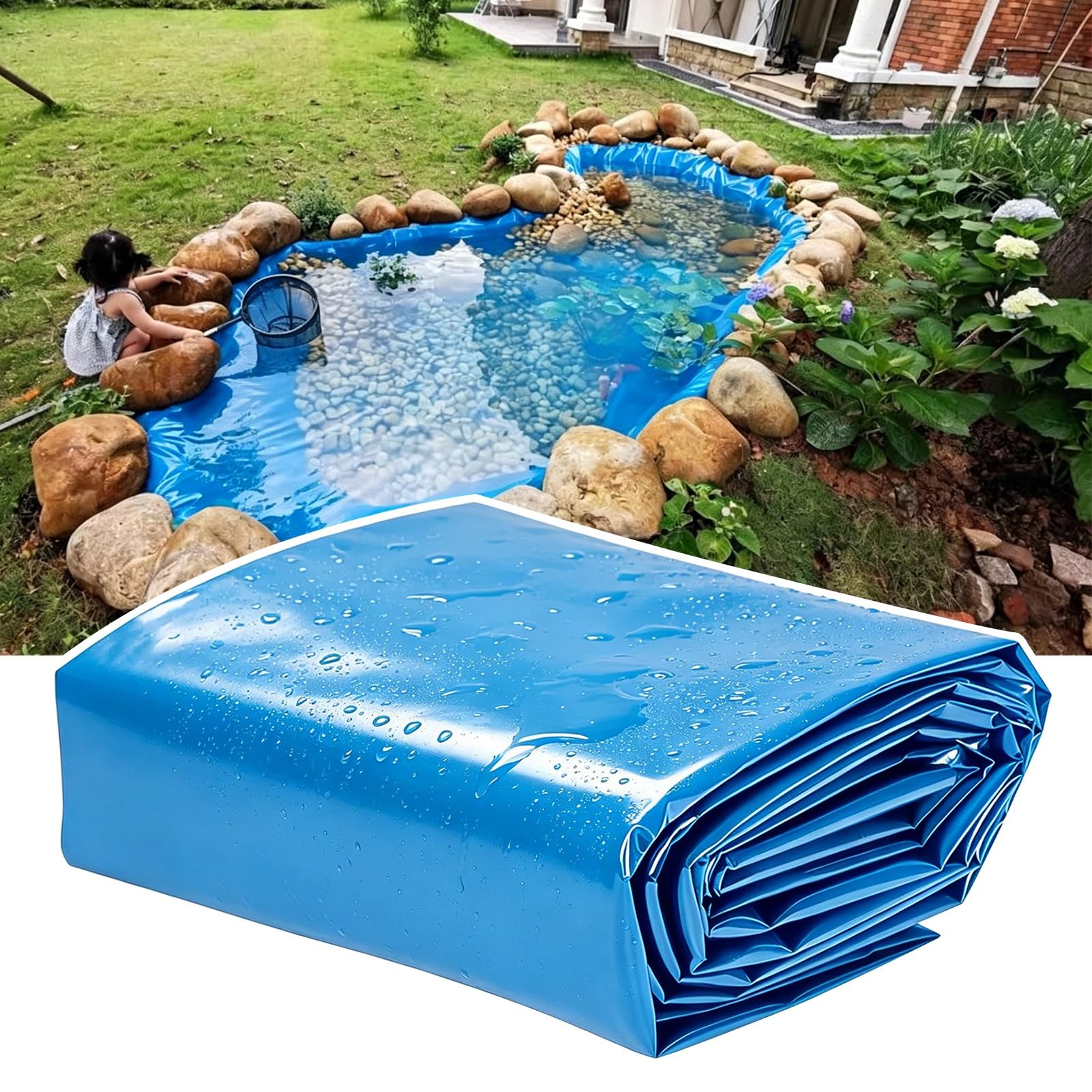 Hamankim Blue Impermeable Pond Liners, Waterproof HDPE Fish Ponds Tarp Durable Sealing Film, 5x9m 6x10m 7x12m 10x10m 10x15m Flexible Membrane for Garden Aquaculture(2x2.5m(6.5x8.3ft))