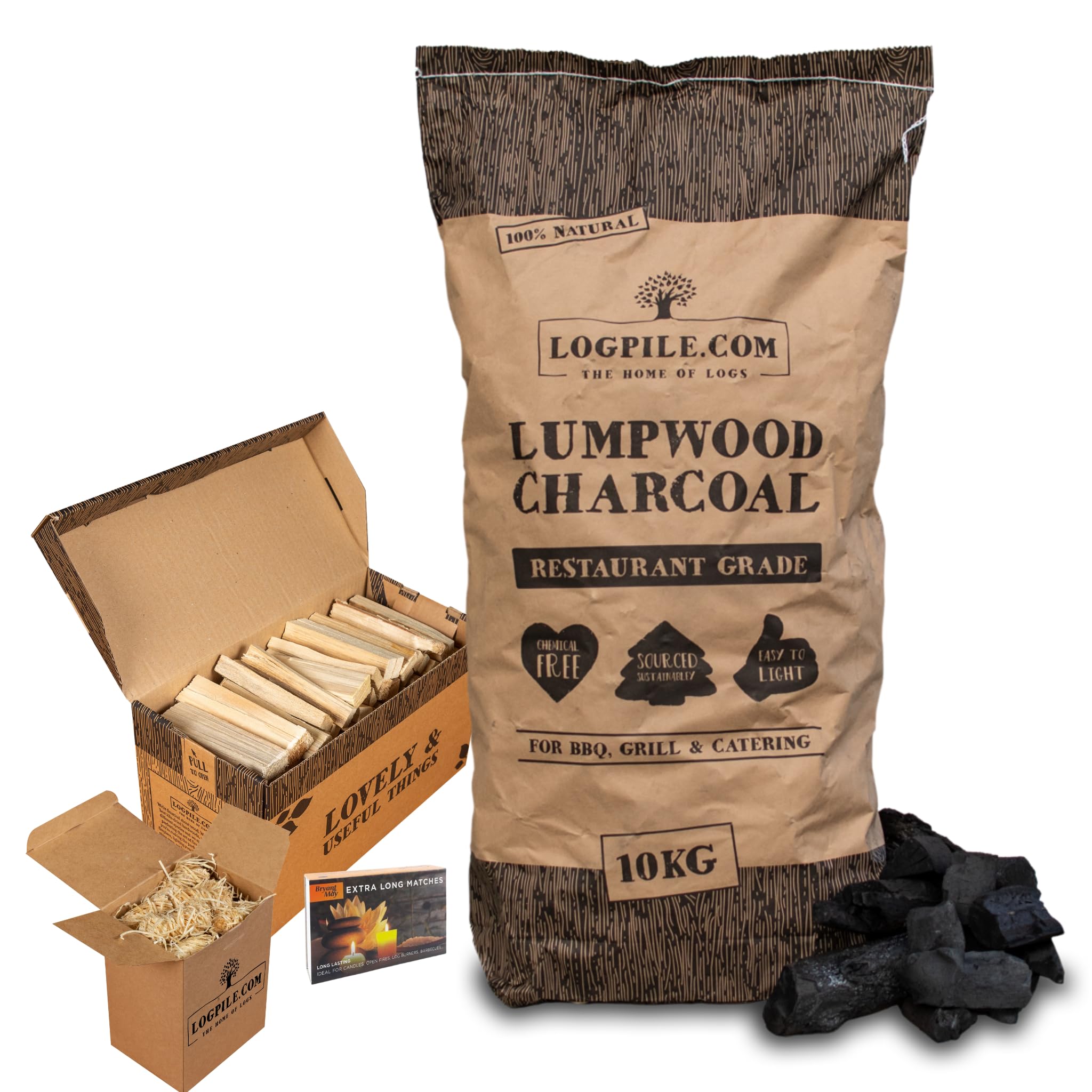 Logpile Coal - Bbq Starter Kit | Contains 10Kg Premium Smokeless For Barbecue, 3Kg Kiln Dried Kindling, Matches & Firelighters | Smokers & Pizza Oven, Long-Burning Fuel, Perfect For Outdoor Cooking