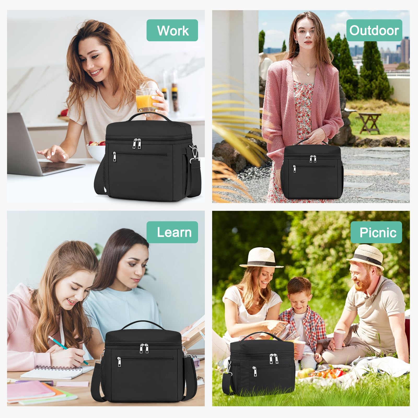 Lonchera térmica para mujeres y hombres, pequeña lonchera reutilizable a prueba de fugas, bolsa de almuerzo portátil para el trabajo, picnic (negro) 6