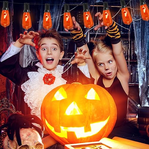 Miniatura 6 de Guirnalda de luces naranjas parpadeantes de Halloween, luces de decoración de Halloween de 10 pies con 10 bombillas naranjas ST40, luces naranjas