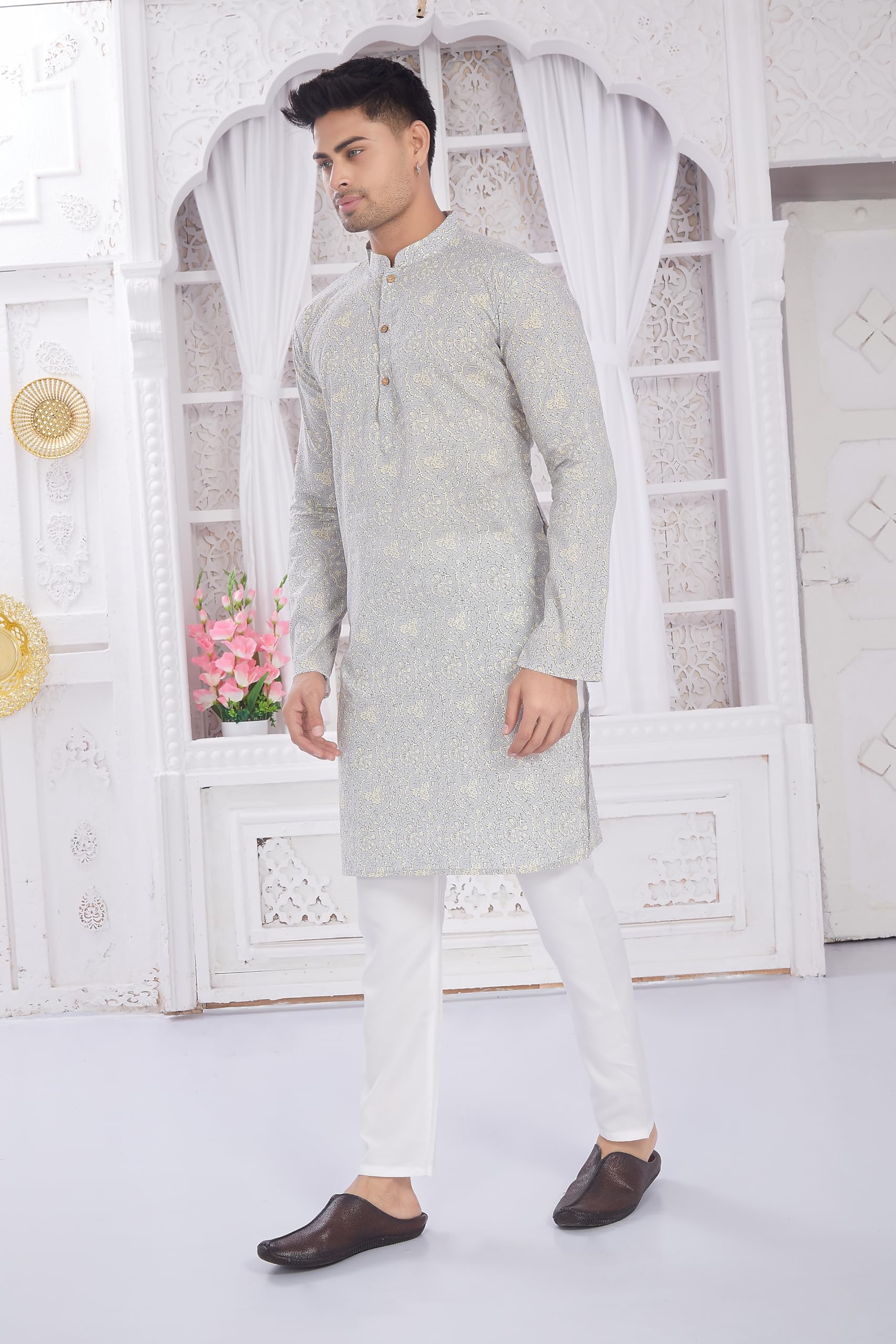 Divisive Men's Ethnic Block Printed Soft Pure Cotton Only Slim Fit Kurta (Dkrt658_Xxl_Lt Grey)