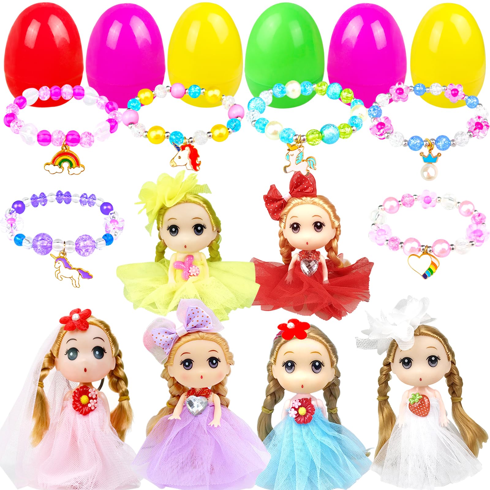 JIABNUKKN Easter Basket Stuffers Eggs Filled 6 Pack Large Eggs with Cute Dolls and Colorful Bracelets Inside, Gifts for Kids Prefilled Easter Egg