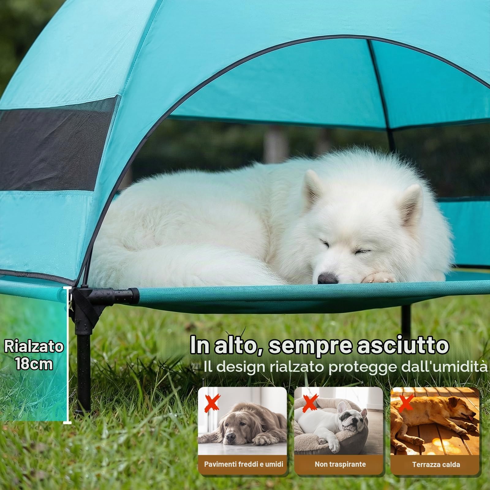 Cuccia rialzata per cani per esterni, con tetto resistente ai raggi UV, pieghevole con piedini antiscivolo, tenda per cani con grande ombra, letto rinfrescante per cani, per campeggio, giardino (acqua