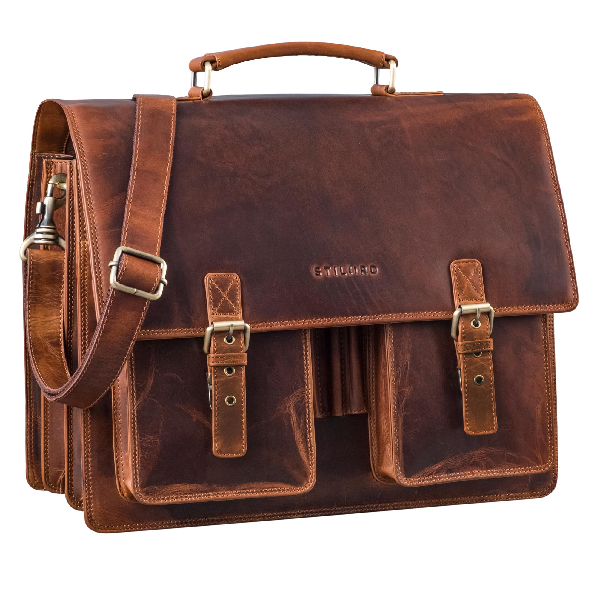 STILORD 'Anton' Echtleder Aktentasche XL - 15.6" Laptopfach - aufsteckbar - Verbesserte Version Farbe:Sesto - Cognac