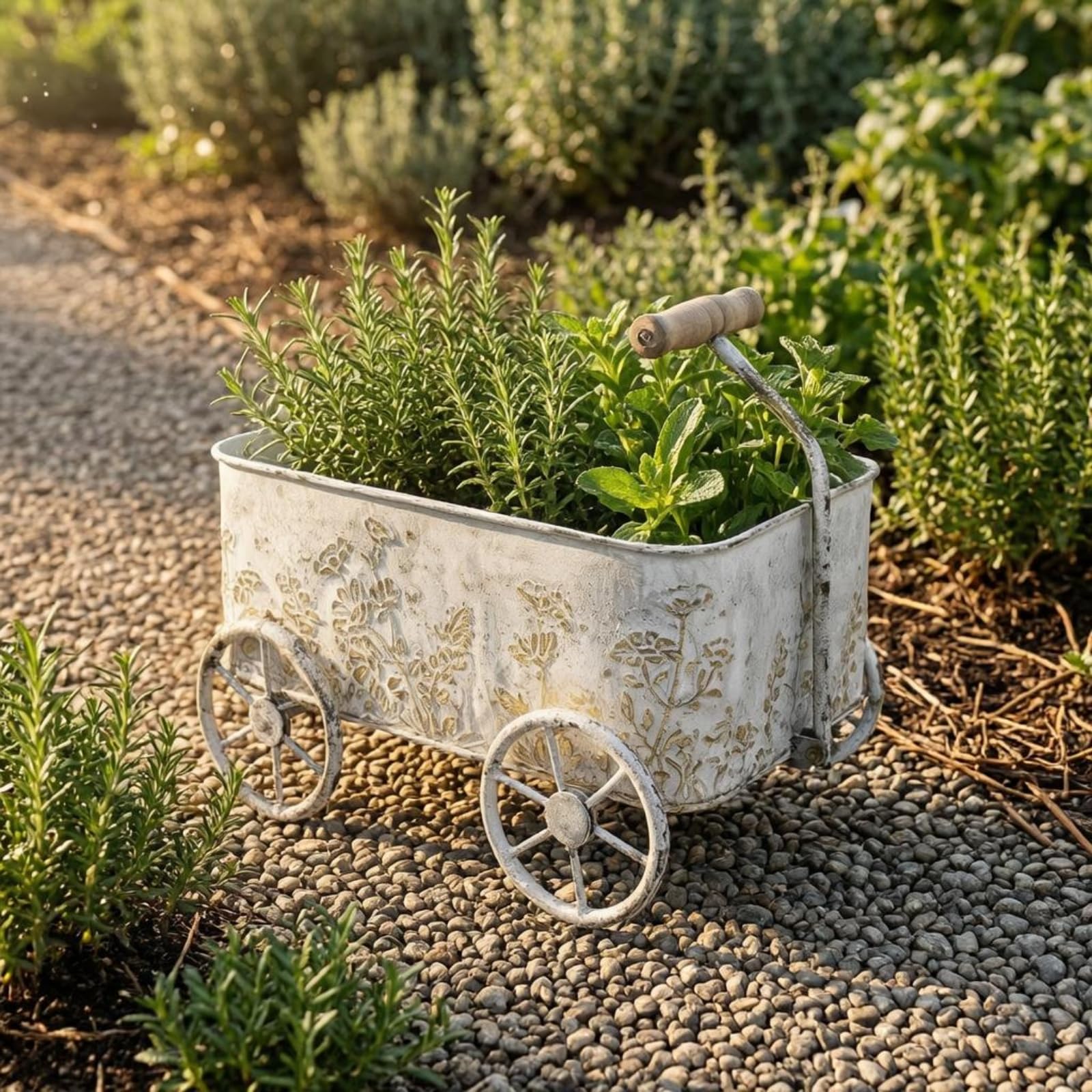 Outdoor Dekorativer Pflanzwagen Metall Eisen Holzgriff Klassische Wagenform Antiker Charakter mit Relief für Eingangsbereich Terrasse Wohnung, Weißgoldfarben Antik