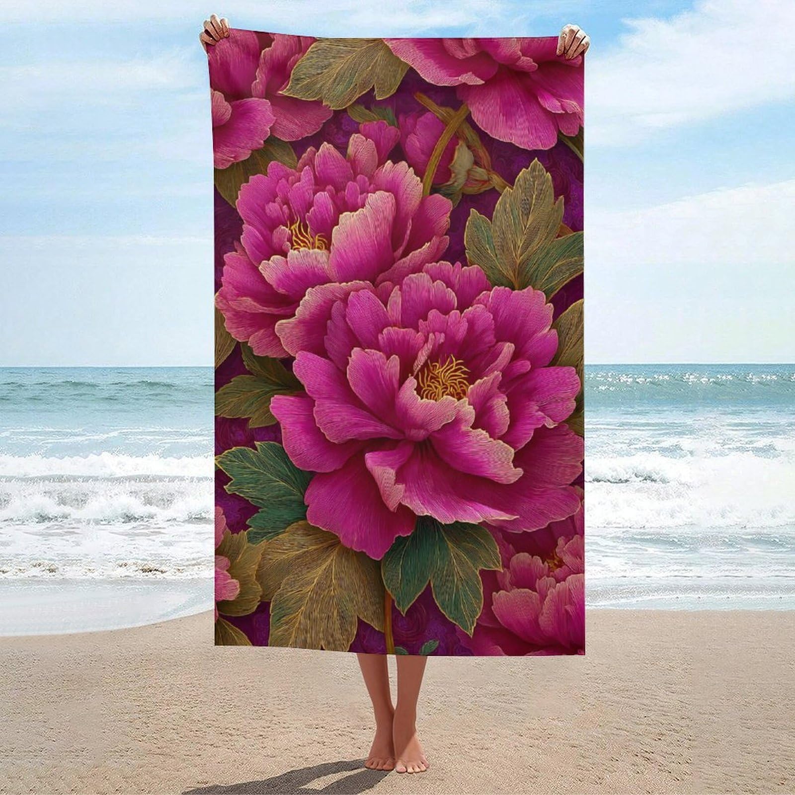 asbwuo Pink Peonies Abstract Flower Beach Towel