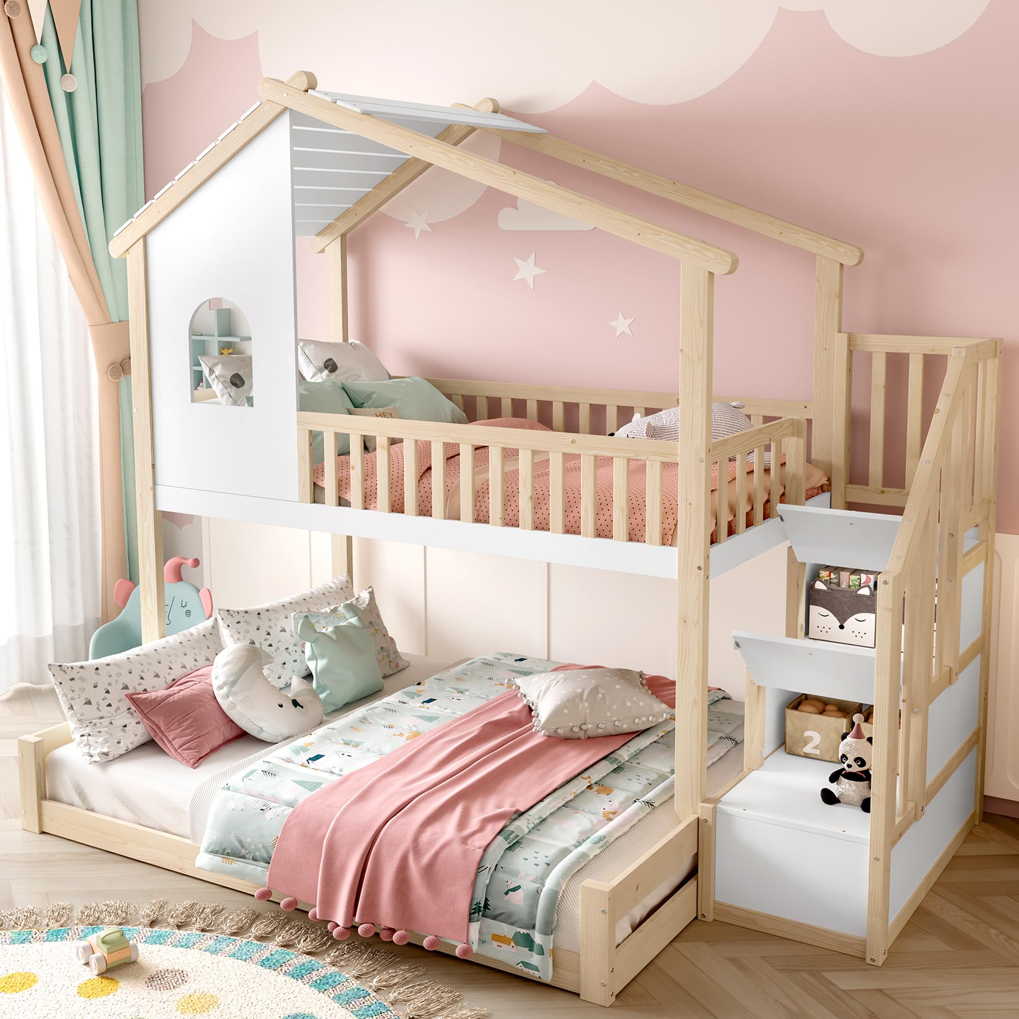 Litera de 90 x 200 y 140 x 200 cm, cama con forma de casa con protector de barandilla y somier, cama infantil con espacio de almacenamiento para 2 – 3 niños, marco de madera de pino+tablero