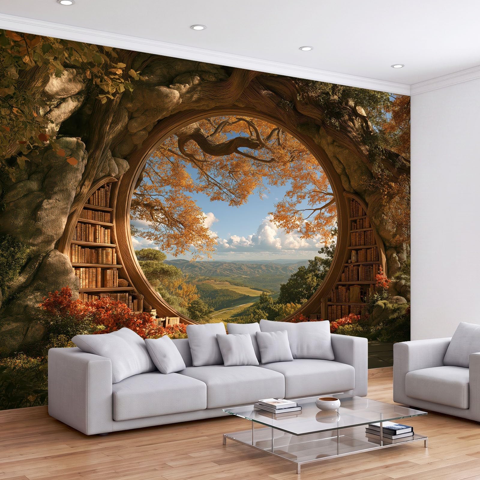 Générique Panoramiczna tapeta 250 x 175 cm fantasy fenster Pflanzen Uralte Bäume włóknina XXL fototapeta dekoracja ścienna gobelin obraz salon sypialnia - tapeta Trompe l'eil efekt 3D, żółta
