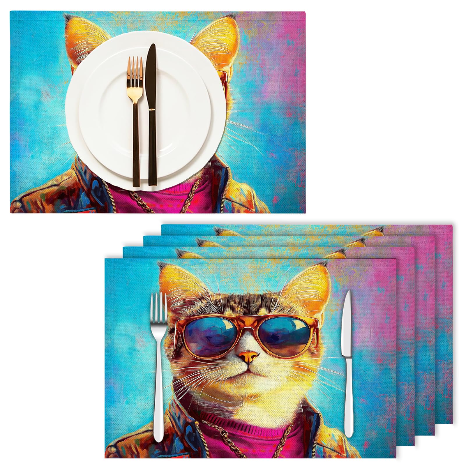 Set de Table Animaux de Dessin animé Lavable - Lot 8 Sets de Table Tissu Coton et Lin 45×30cm Lavable en Machine - Beau Chat Napperon Rectangulaire Exterieur Interieur