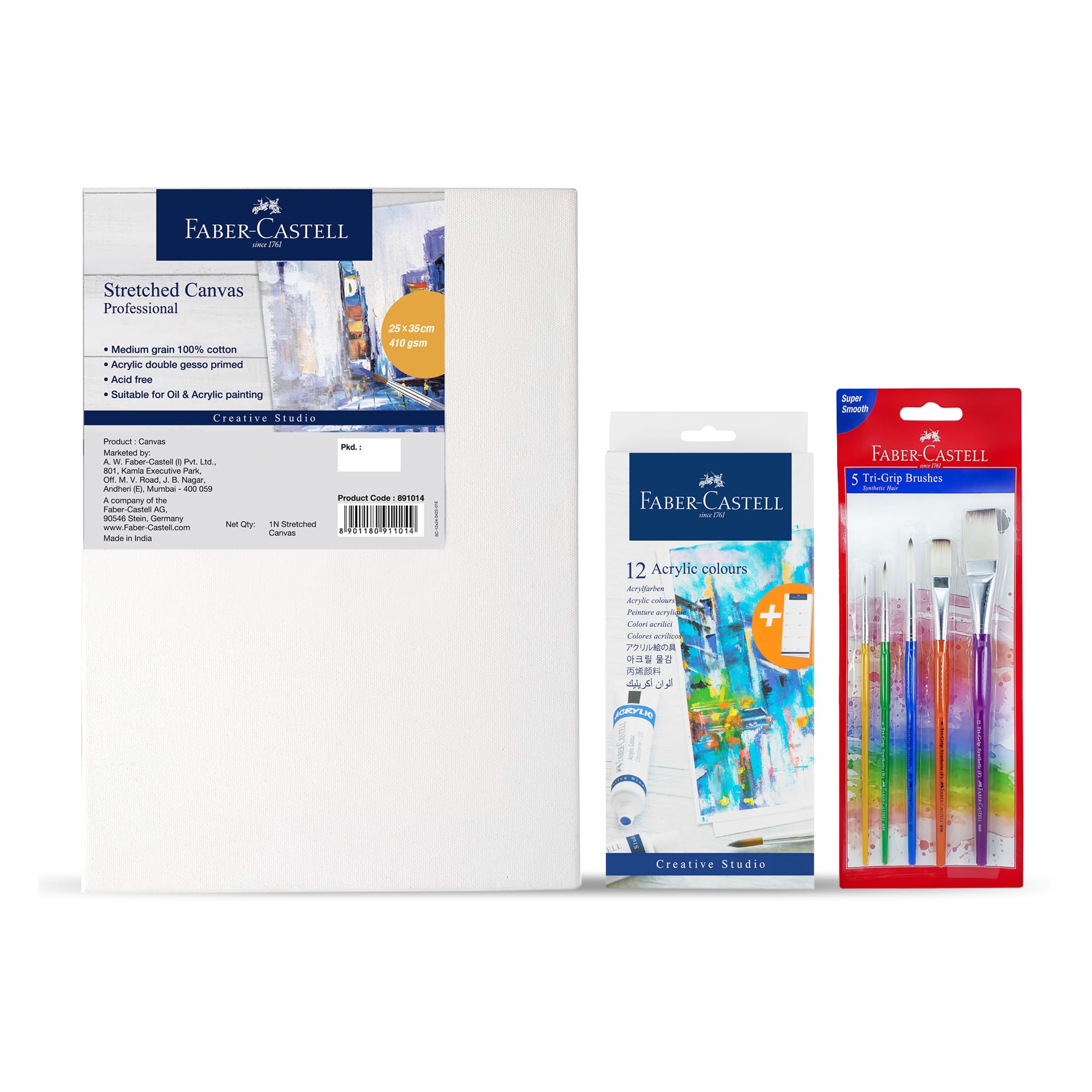 Faber-Castell Stretched Canvas 410gsm 10x14inch+Acrylic colors set 9x12colours Assorted Colors + Grip Paint Brushes Round & Flat Combination 5Pc (2,6,10, 8, 12) (Art and craft Combo Pack)