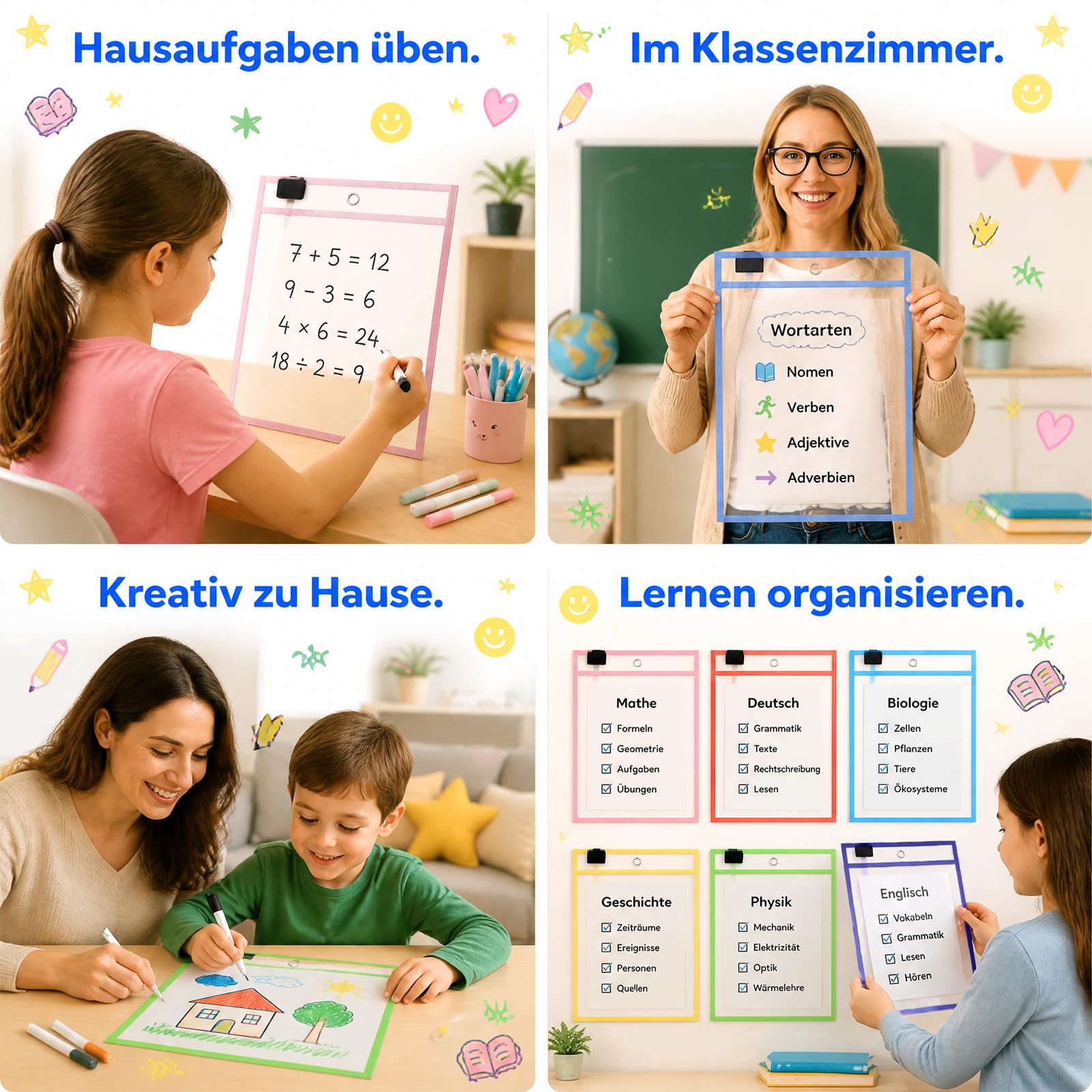 16 Stück Dry Erase Taschen, Abwischbare Durchsichtige Hüllen mit 16 Löschbare Stifte und 3 Radiergummi, A4 Wiederverwendbar Dry Erase Pockets für Schule, Büro, Zuhause