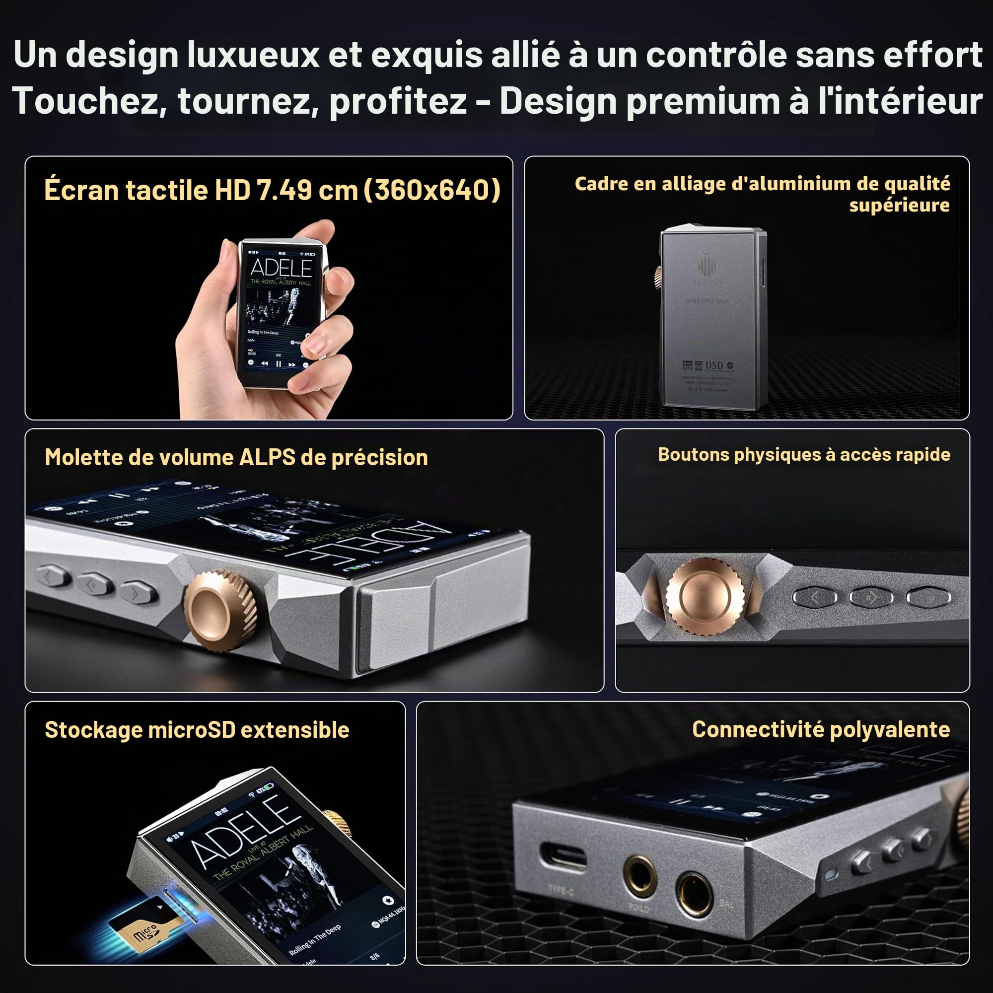 Hidizs AP80 Pro Max Lecteur MP3 Bluetooth, Hi-Res Streaming DLNA & AirPlay WiFi 2,4G, Double Puce DAC ESS9219C Baladeur Audiophile, Décodeur MQA 16X et Natif DSD256 & 32bit/384kHz PCM, Blue