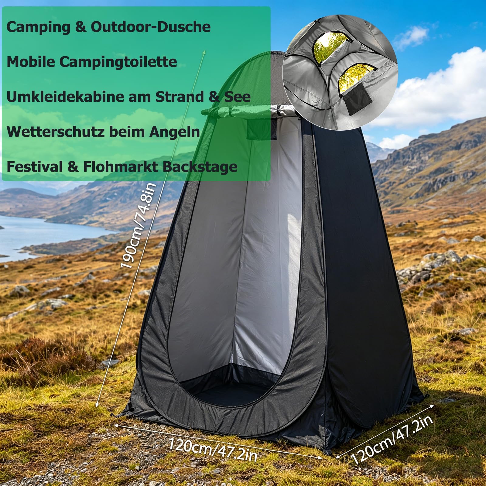 Pop Up Zelt, Duschzelt mit Tragetasche Fenster & Camping Zubehör, Mobile Umkleidezelt, Camping Toiletten Zelt, Sichtschutz Zelt für Outdoor, UV-Schutz wasserdicht für Camping Wandern Strand - Schwarz