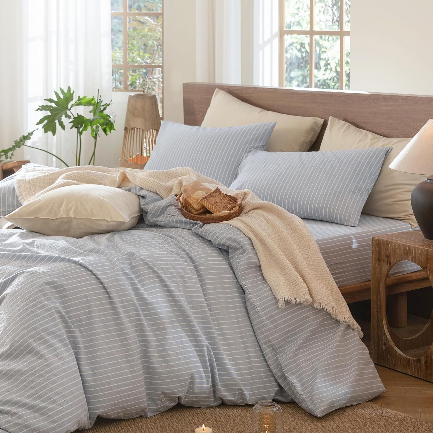Lanqinglv Bettwäsche 200x220 Baumwolle Gestreift Blau,100% Renforce Baumwolle Bettwäsche Set mit Reißverschluss,ÖKO-TEX Bettwäsche für Allergiker Geeignet,1 Bettbezug & 2 Kissenbezug 80x80 cm