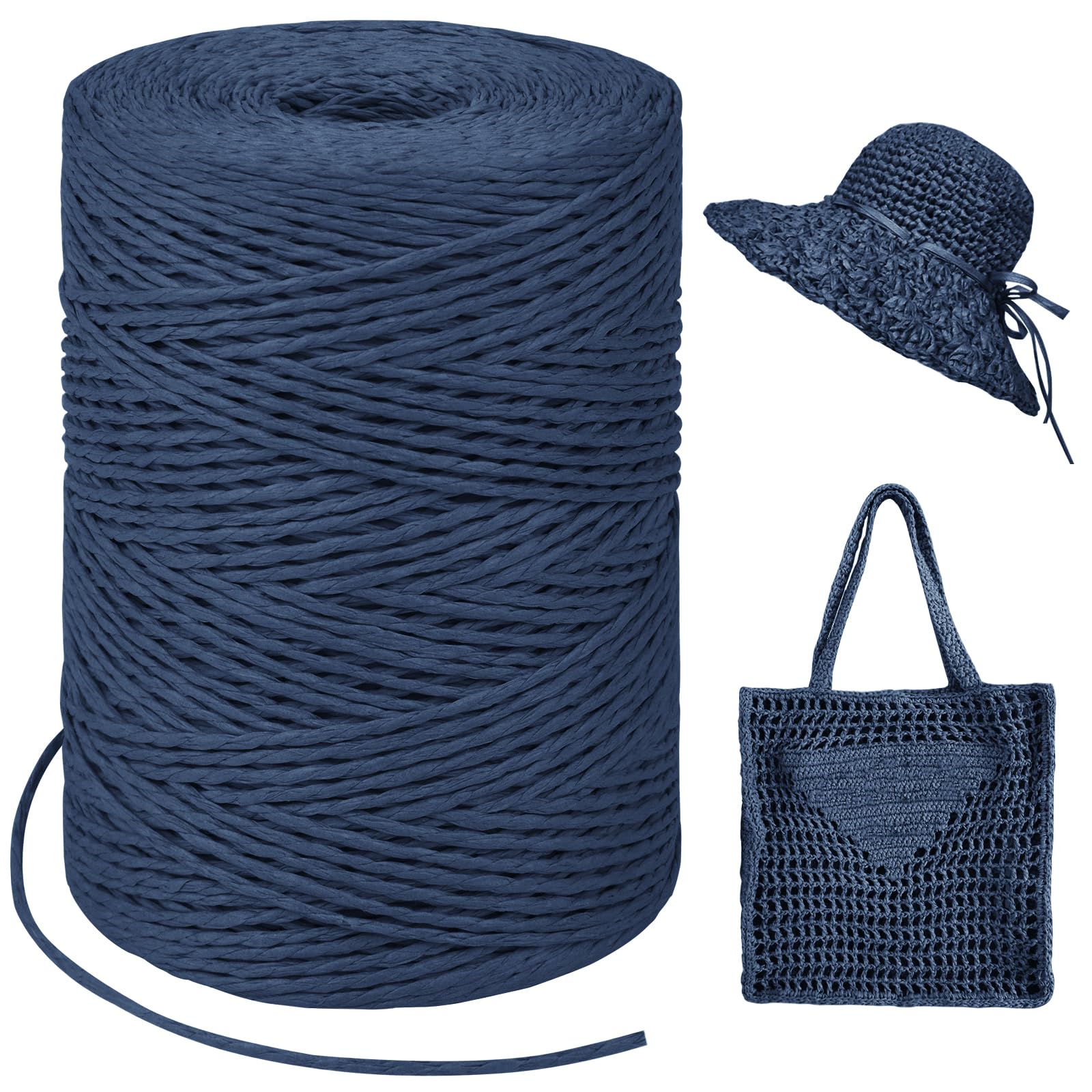 Dark Blue Raffia Yarn for Crochet Bags, 1.5mm x 328 Yards Round String Raffia Ribbon for Gift Wrapping, Raffia Paper Ribbon Yarn for Crocheting Sun Hat, Bag, DIY Crafts, Holiday Decoration