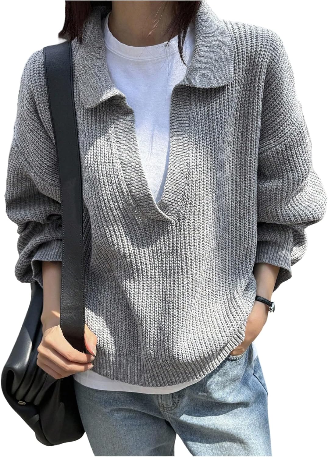 WDIRARA Women's Collar V Neck Sweaters Long Sleeve Pullover Loose Knit Tops