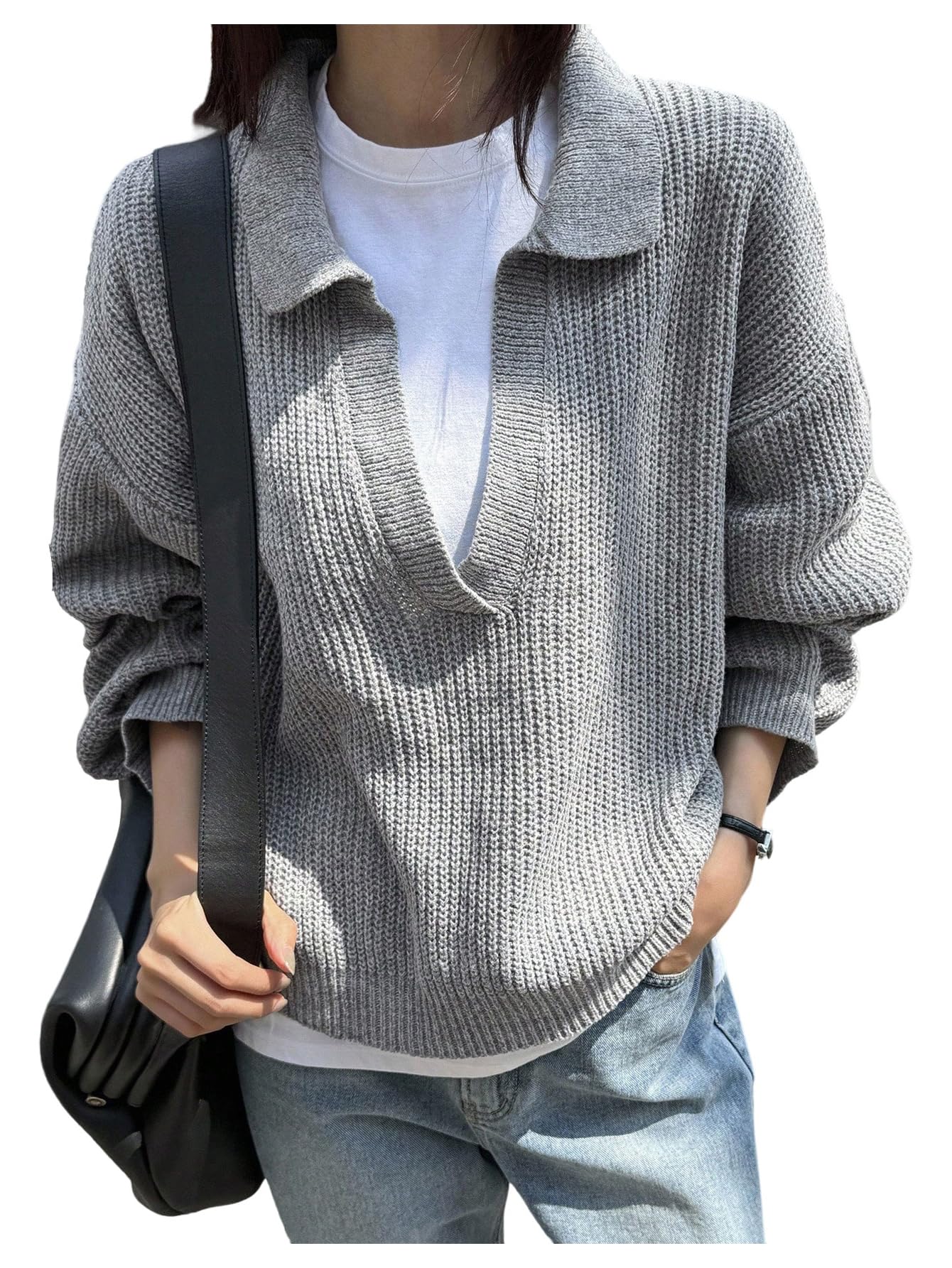 WDIRARA Womens Collar V Neck Sweaters Long Sleeve Pullover Loose Knit Tops
