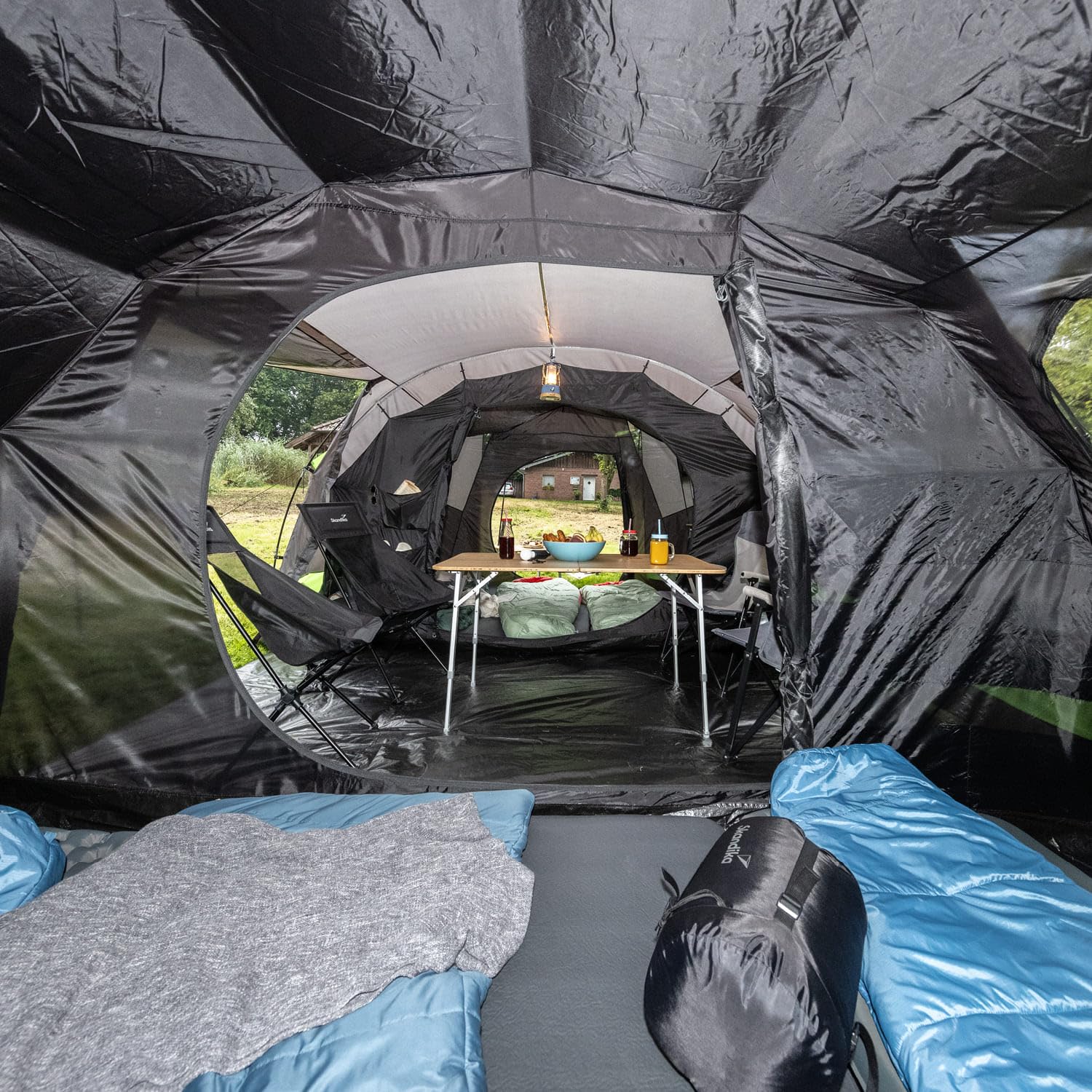Skandika Kambo Tente Tunnel pour 6 Personnes | Cabine Sombre avec revêtement argenté, Colonne d'eau de 3000 mm, 3 entrées, Marquise, avancée, avec Tapis de Sol | Tente de Camping