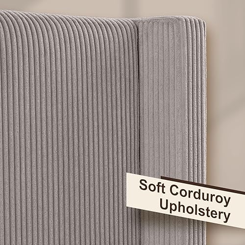 Miniatura 4 de HOWE Marco de cama tapizado tamaño Queen, cama con respaldo de alas con cabecera de 50.8 pulgadas, pana/patas de madera maciza/no necesita somier,