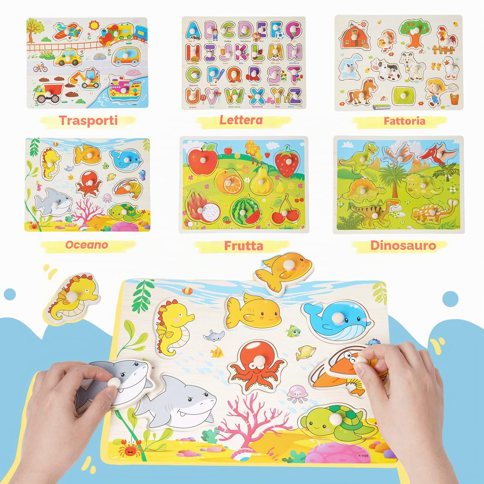 6 Puzzle di legno incorporato puzzle educativo giocattolo montessori fattoria puzzle, trasporto, alfabeto, insetti, animali marini, dinosauro ragazzo e ragazza regalo 1 2 3 4 anni