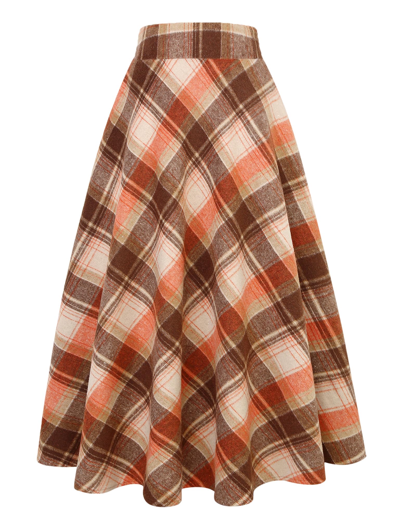 Long Plaid Wool Skirt for Womens Winter Fall Warm High Elastic Waist A line Flared Pleated Wool Tartan Skirts, Orange Brown, L