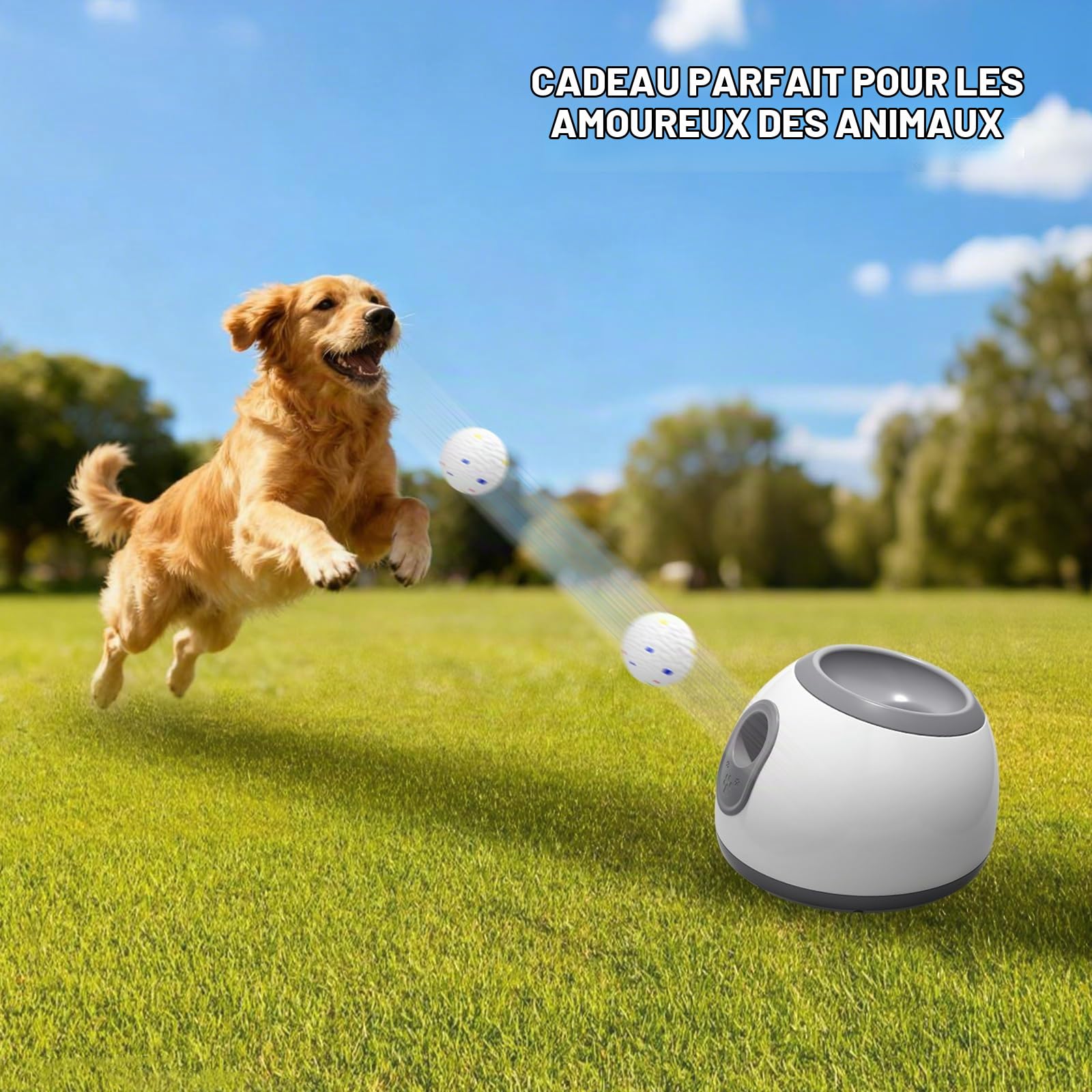 Lanceur de Balle pour Chien Automatique,Lance Balle pour Chien avec Lot de 6 balles de Tennis de 2 Pouces,Distance réglable 10/20/30 Pieds Balle Interactive Chiens Jouer en Plein air