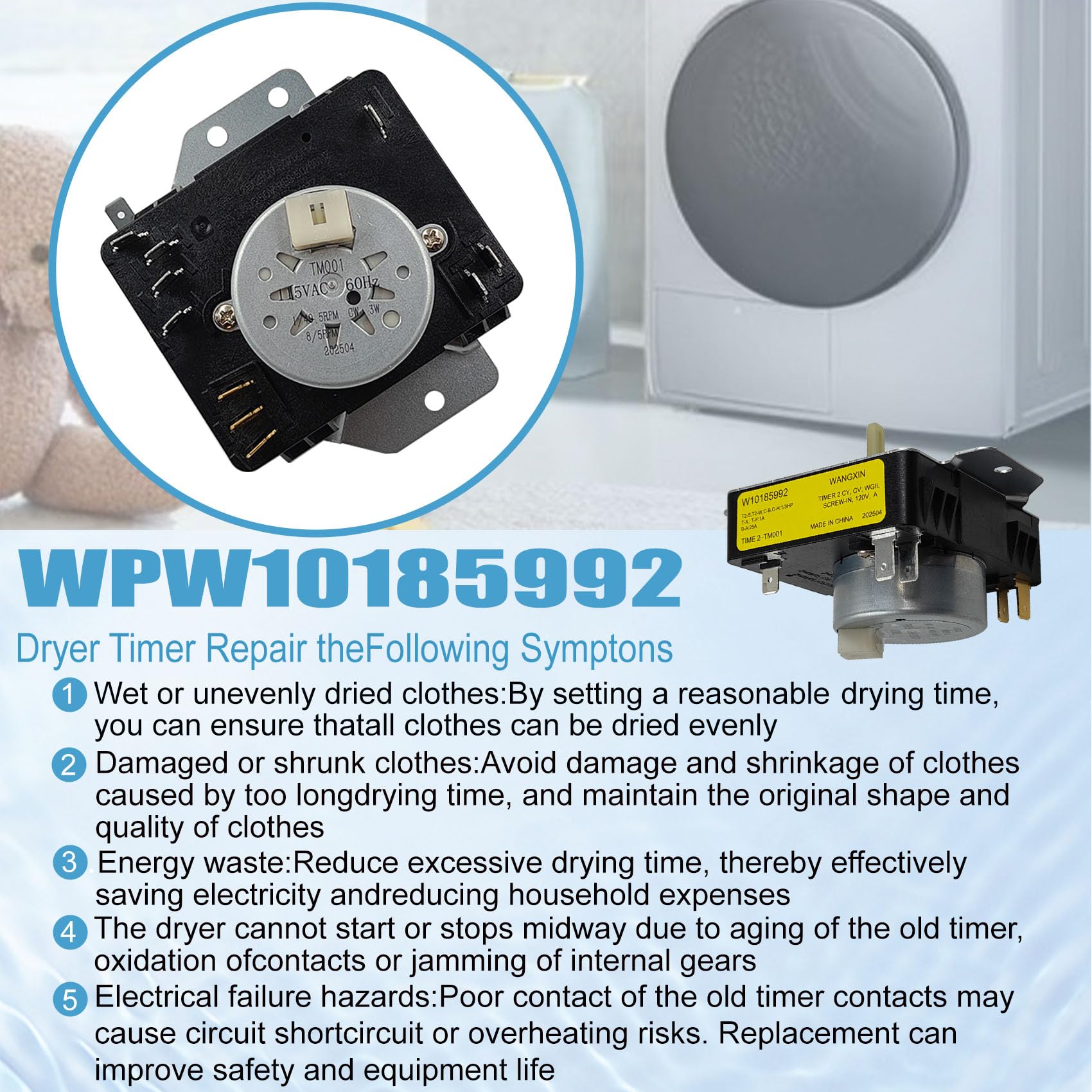 Upgraded WPW10185992 Dryer Timer Replacement For Whirlpool, Maytag, Amana, Roper - 115VAC 60Hz