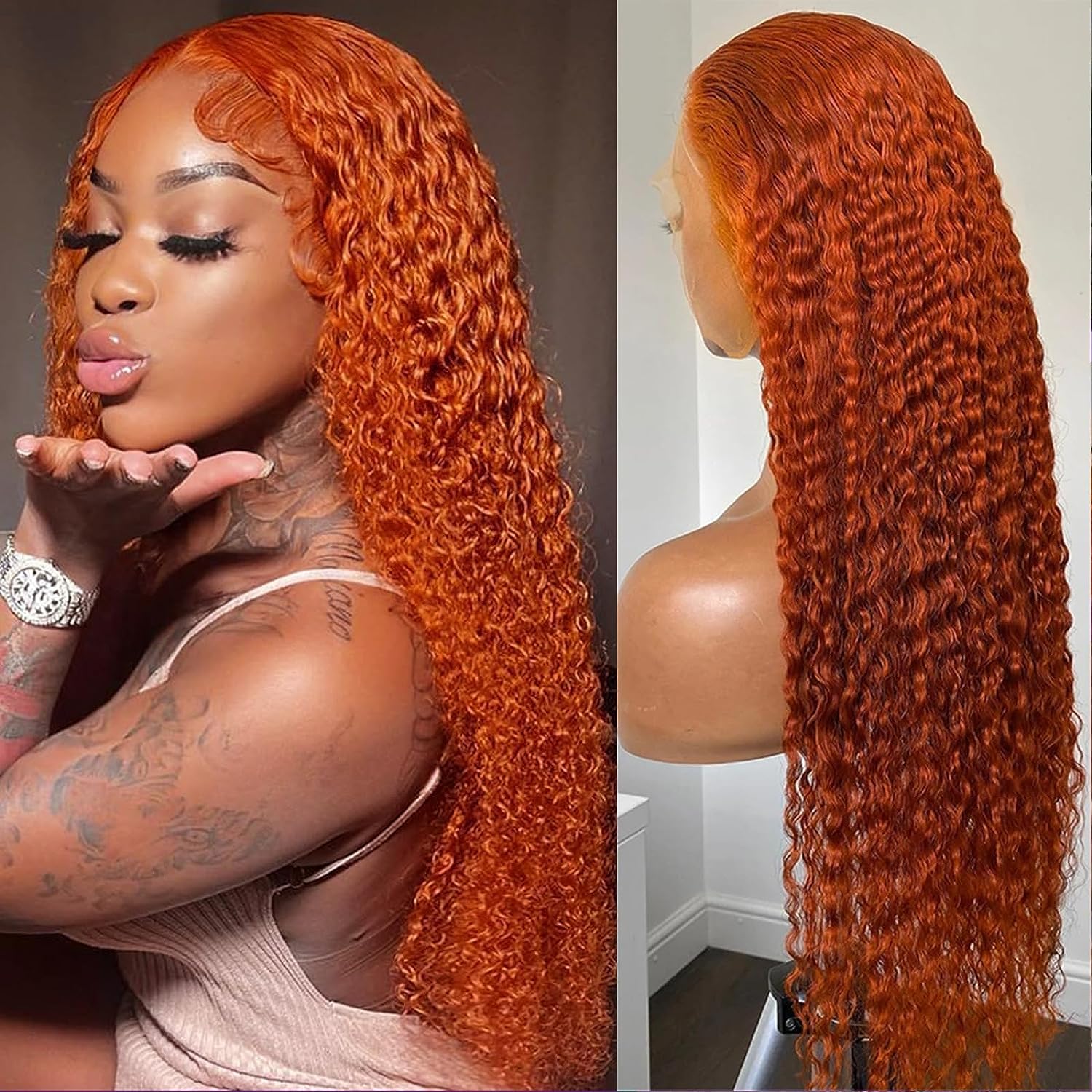 Pelucas de cabello humano rizado con encaje frontal de 22 pulgadas, con parte en T, pelucas de cabello humano rizado color naranja jengibre, densidad del 180%, peluca de encaje frontal de onda profunda, predepilada, peluca de cabello humano naranja quemad