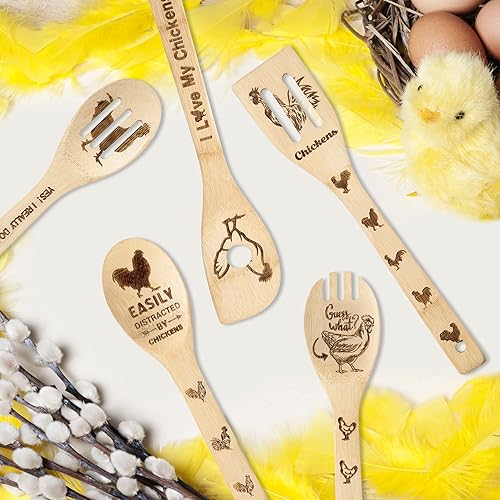 Miniatura 5 de Eartim Cuchara de cocina de madera  5 piezas de utensilios de cocina para el día del padre, utensilios de cocina antiadherentes tallados de bambú