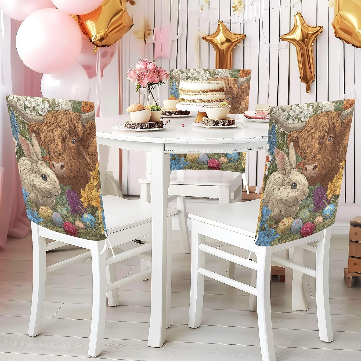 ALAZA Easter Eggs Rabbits Highland Cow Flowers Chair Back Cover Set of 6, Washable Reusable Removable Chair Slipcovers Decorative Chair Cover for Home Kitchen Wedding Party