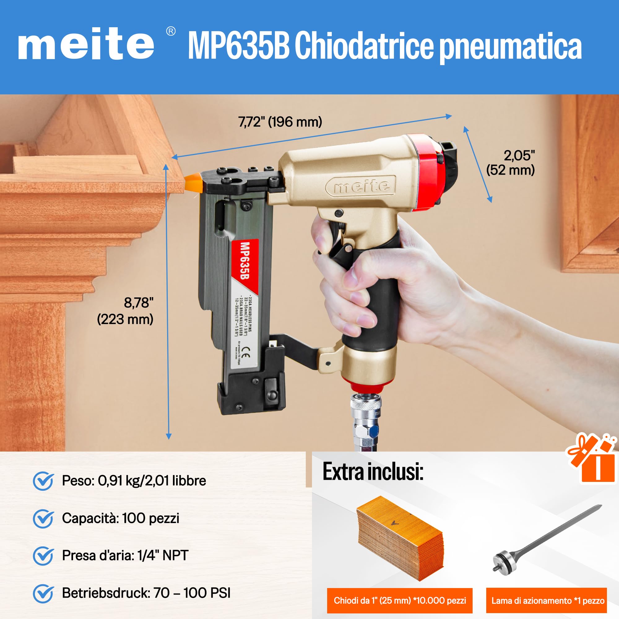 meite MP635B Chiodatrice Pneumatica a Spillo 23GA, Pistola ad Aria per Chiodi Micro da 12–35 mm, Ideale per Pannellature, Rifiniture Sottili, Modanature e Lavori di Artigianato