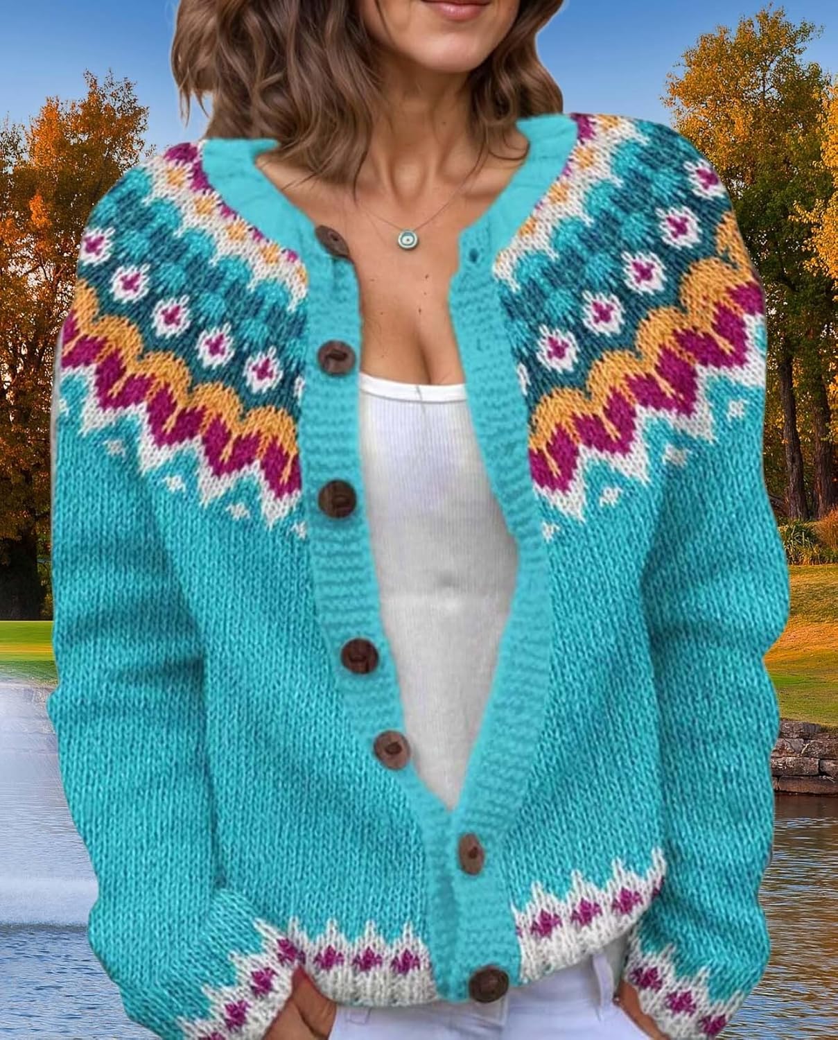 Women's Fair Isle Pattern Knit Cardigan Sweater Vintage Button Down Open Front Jacket Coat for Fall & Winter 2025 - Image 7