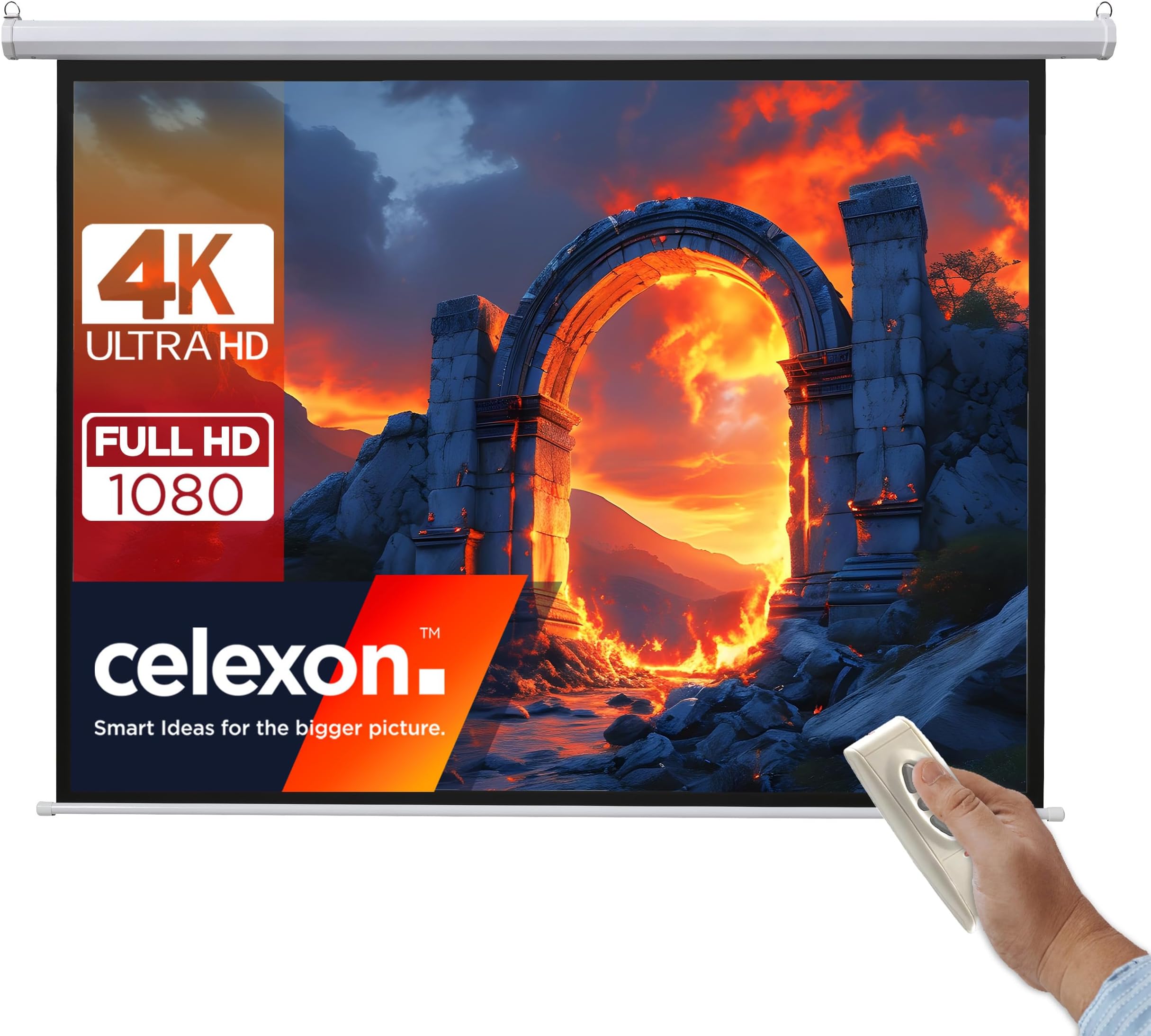 celexon basic Electric screen 135" | 240x240 cm 1:1 | Electric full HD 4K projector screen for home cinema or office presentations | suitable for ceiling or wall mounting | incl. remote control