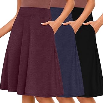 Riyiper 3 Pack Womens Midi Knee Length Skirts, Casual High Waist Flowy Flared a Line Summer Basic Pull-on Skirt with Pocket