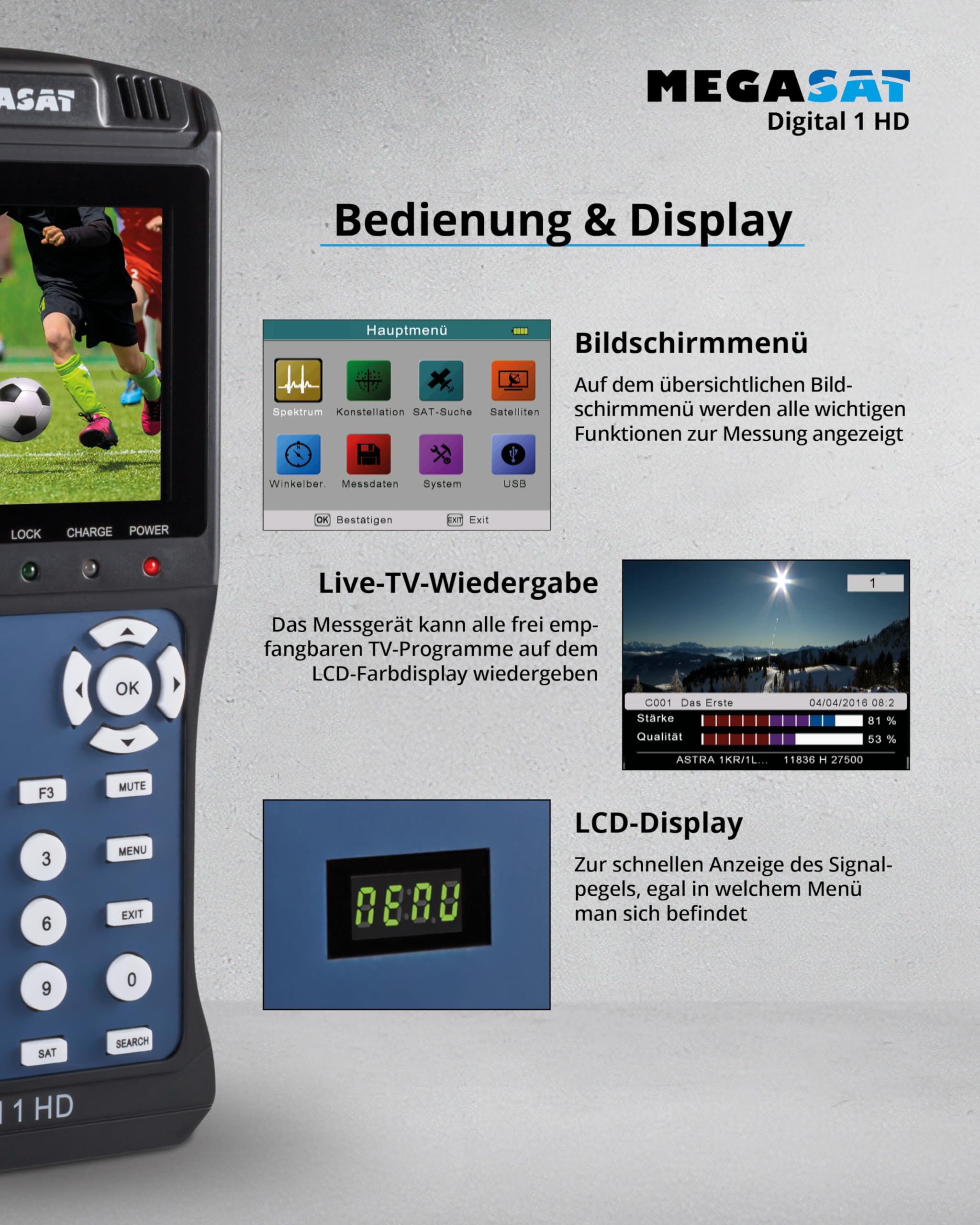 Megasat Digital 1 HD – Sat-Messgerät, Live-TV Bild, 3,5″ Farbdisplay | Für DVB-S & DVB-S2, Unicable, Akku