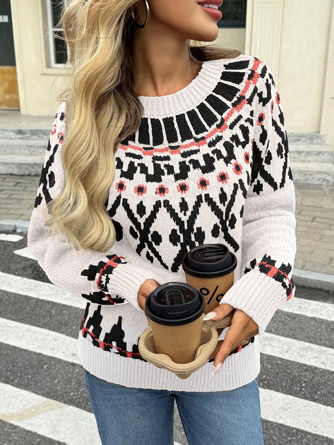 Saodimallsu Womens Fair Isle Sweater Vintage Crew Neck Long Sleeve Chunky Knit Fall Winter Pullover Sweaters Tops - Image 4