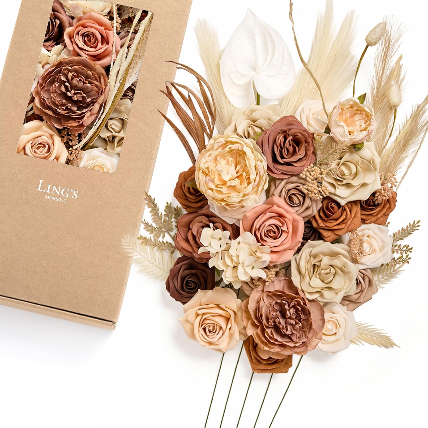 Ling's moment Fake Flowers Box, Faux Artificial Greenery Stems Foam Roses Anthurium Silk Peonies Pampas Fabic Flower for Centerpieces Bouquet Wedding Vase Decorations, Boho & Sepia, Deluxe Combo