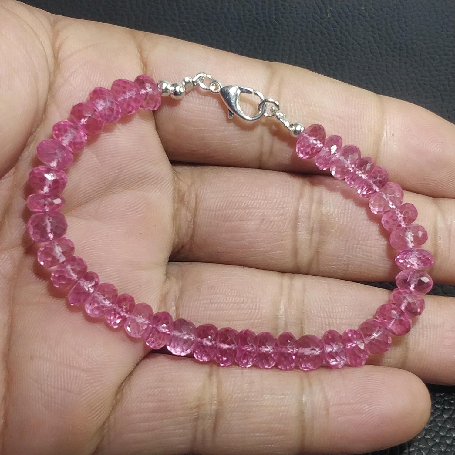 Natural pink topaz gemstone 7x4-7x5 mm stacking bracelet | 7 inch | pink color, rondelle shape, faceted cut, stone | with silver plated clasp | handmade jewellry |WW_ESK_00098