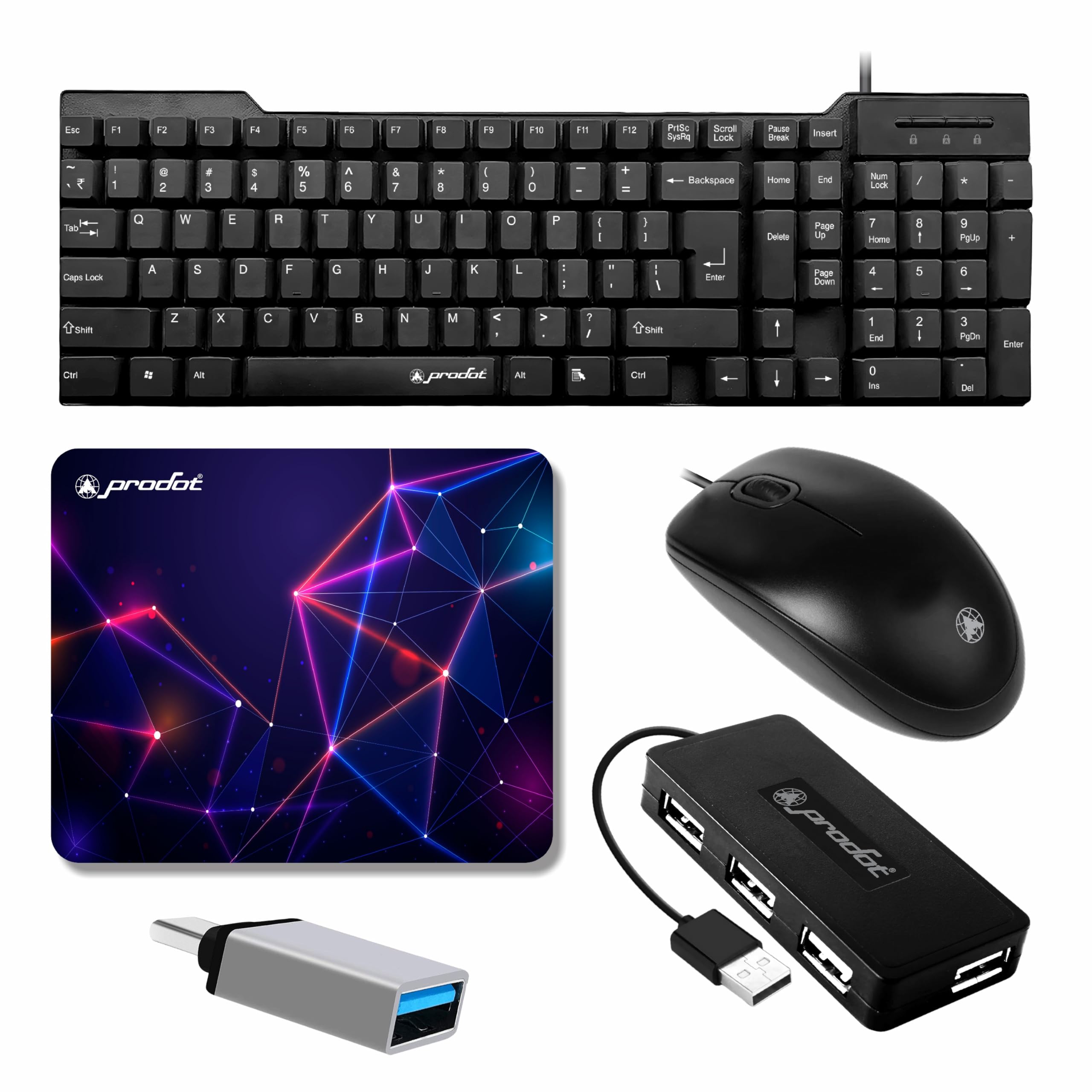 Prodot 5-in-1 Wired Combo Pack | Wired Keyboard + Comfy Optical Mouse + 4 in1 Port USB Hub + USB Type-A to Type-C OTG + Anti-Slip Mouse Pad | for Laptop/Desktop/Windows